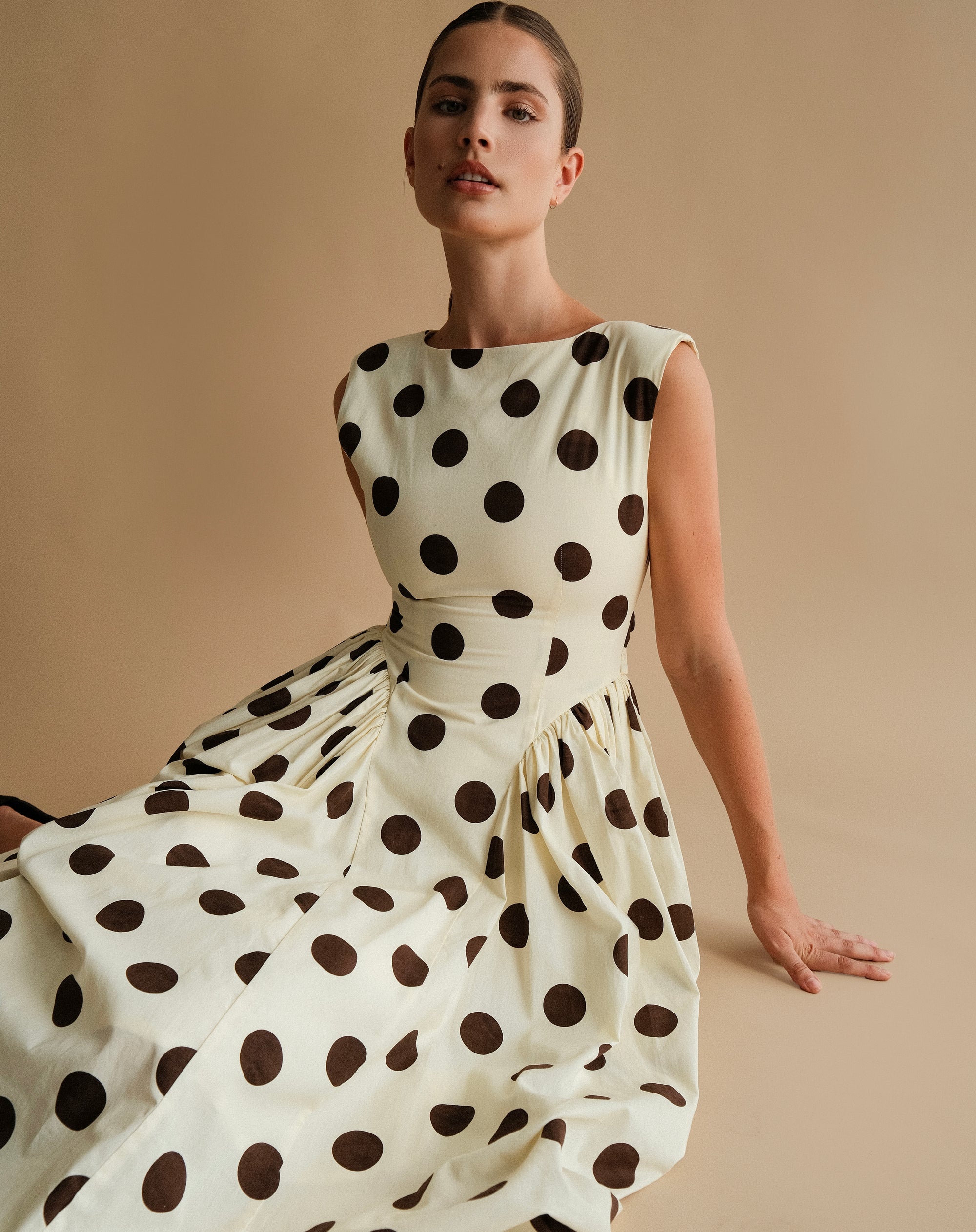 Chloe Dress, Brown Polka