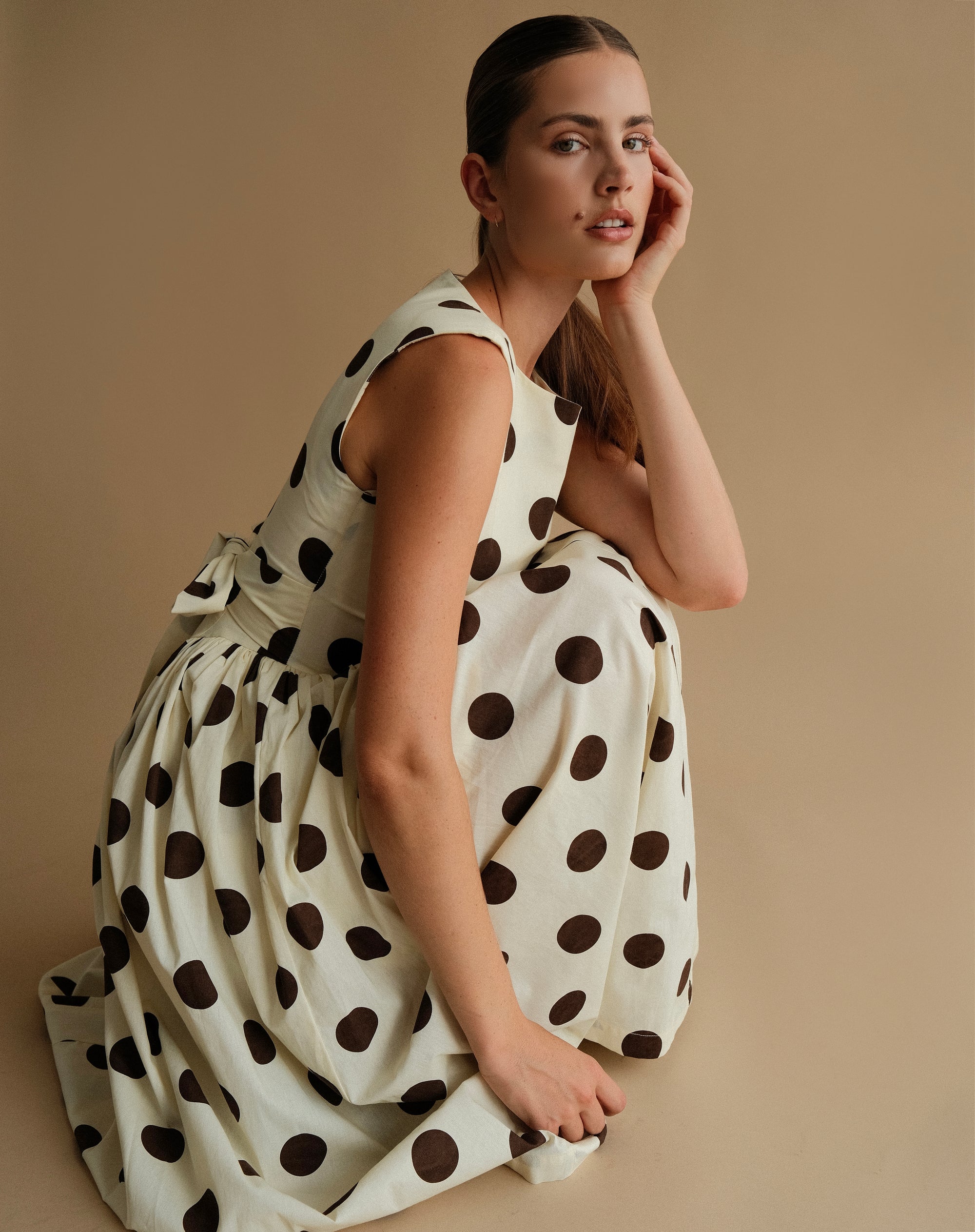Chloe Dress, Brown Polka