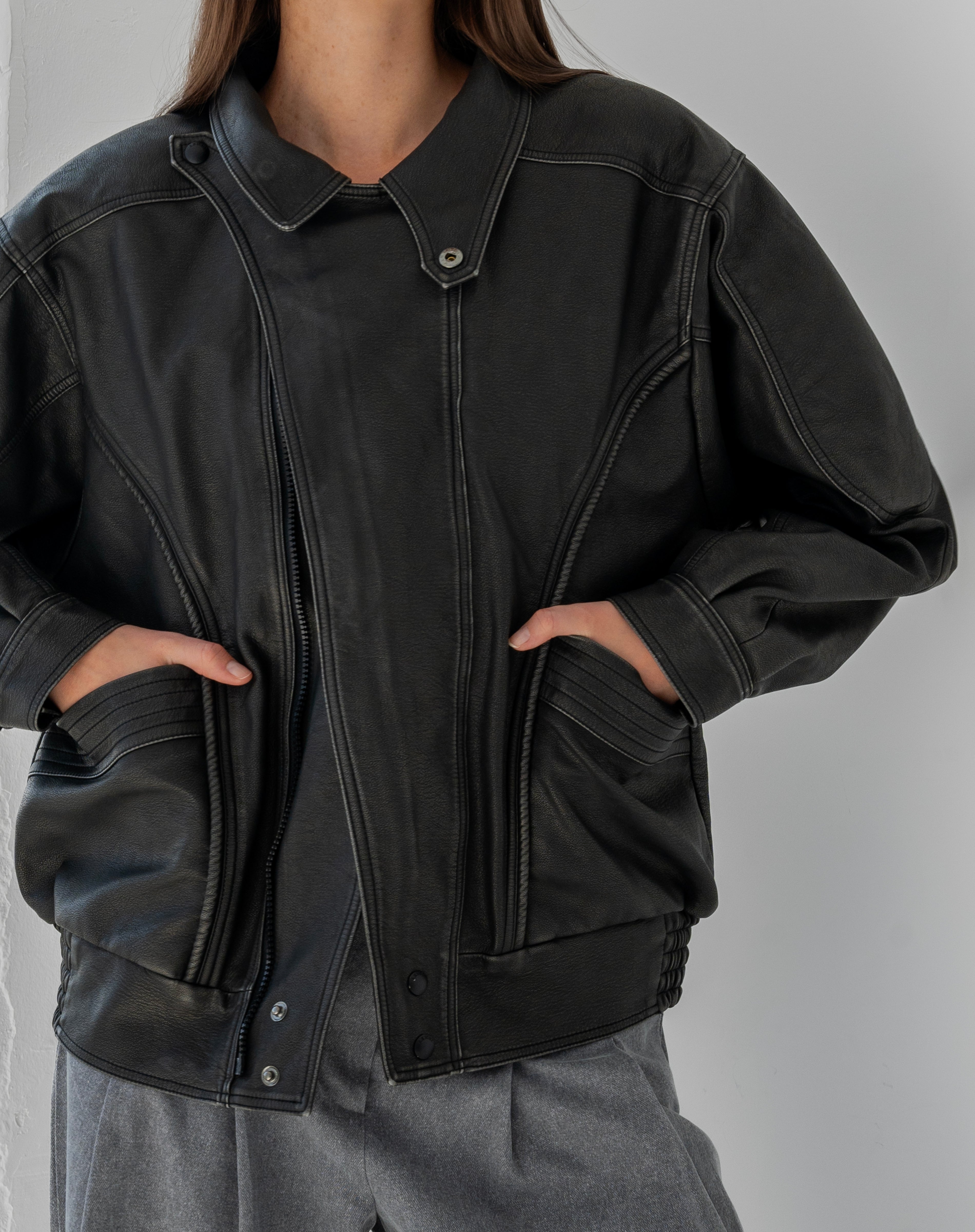 Logan Oversized Vegan Washed Leather Bomber Jacket, Black – The Bekk