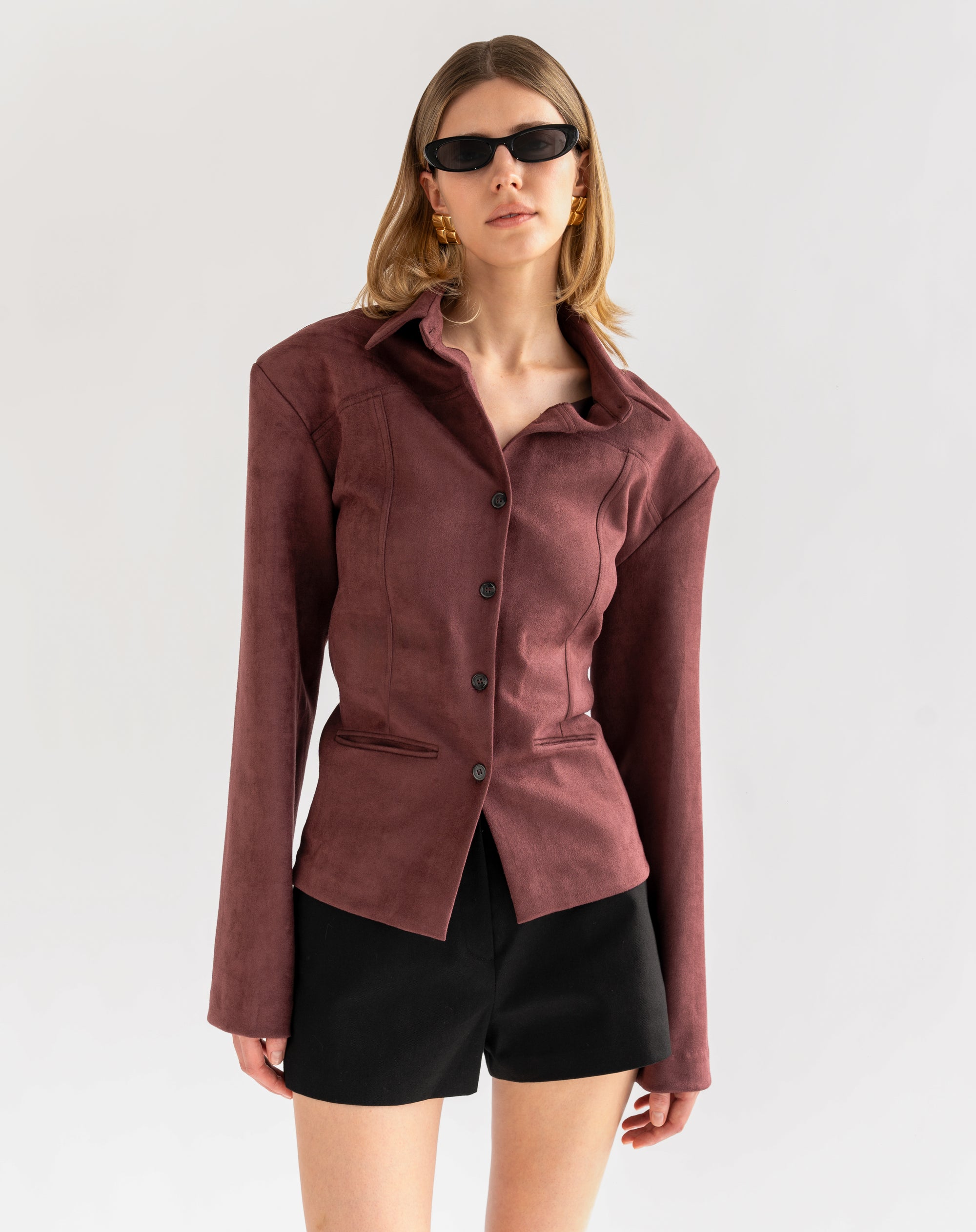 Kai Suede Cinched Jacket Top, Dark Cherry