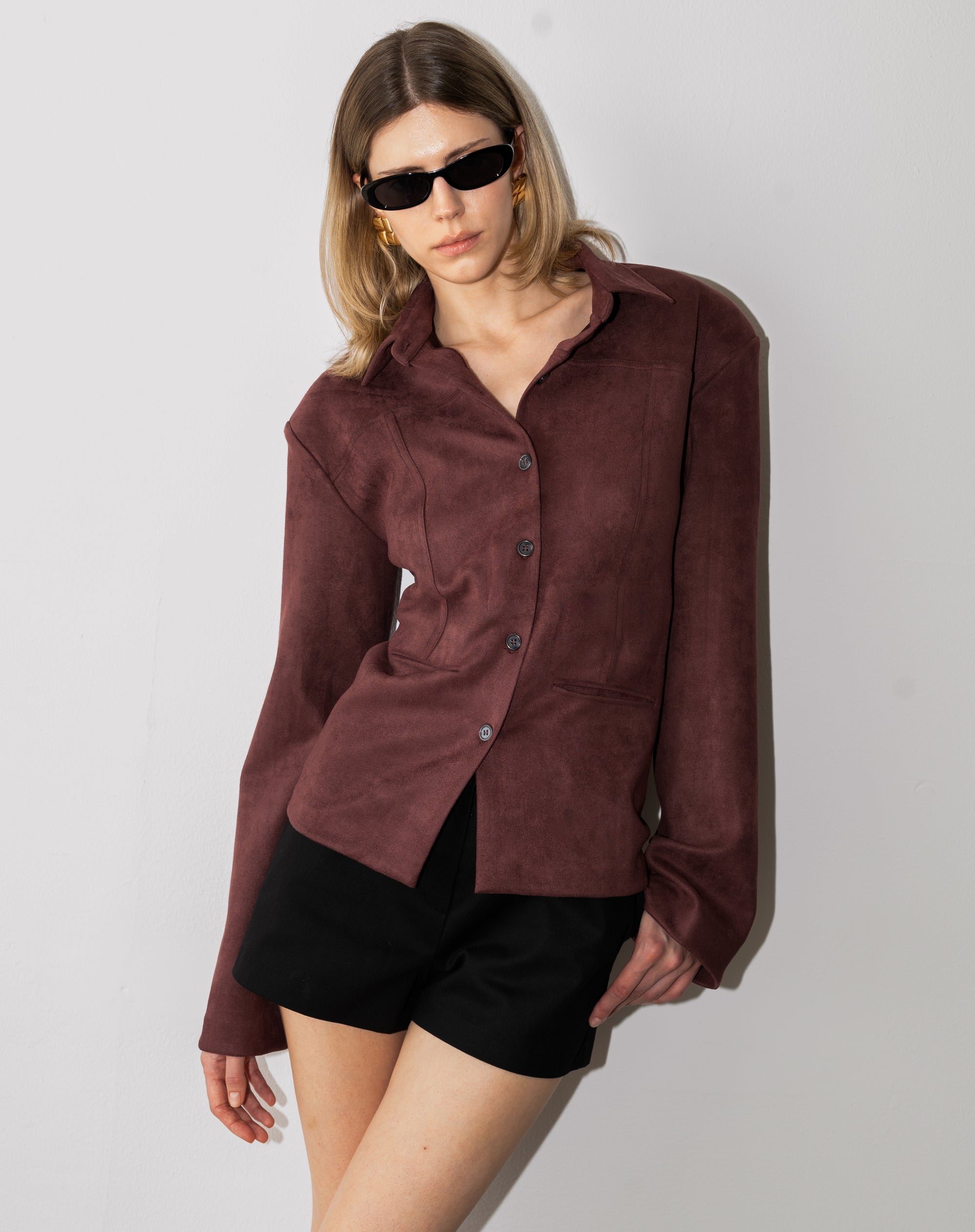 Kai Suede Cinched Jacket Top, Dark Cherry