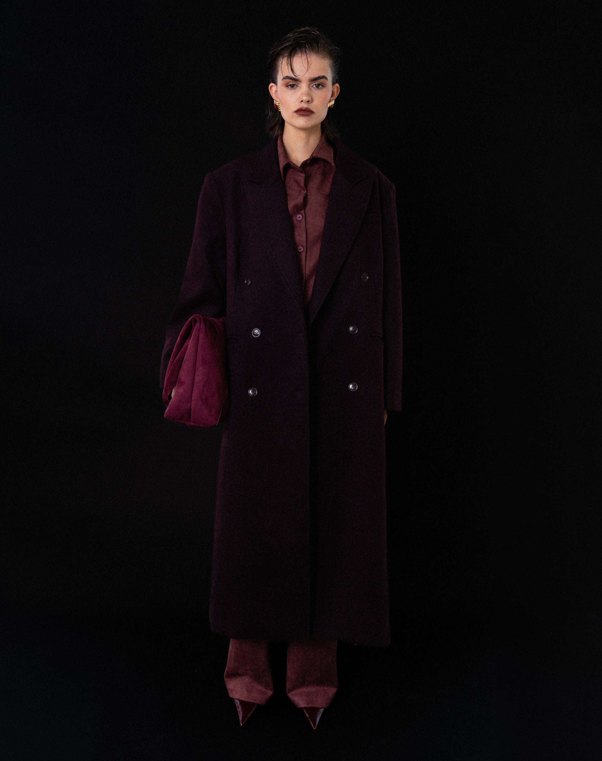 Kieran Oversized Double Breasted Coat, Burgundy