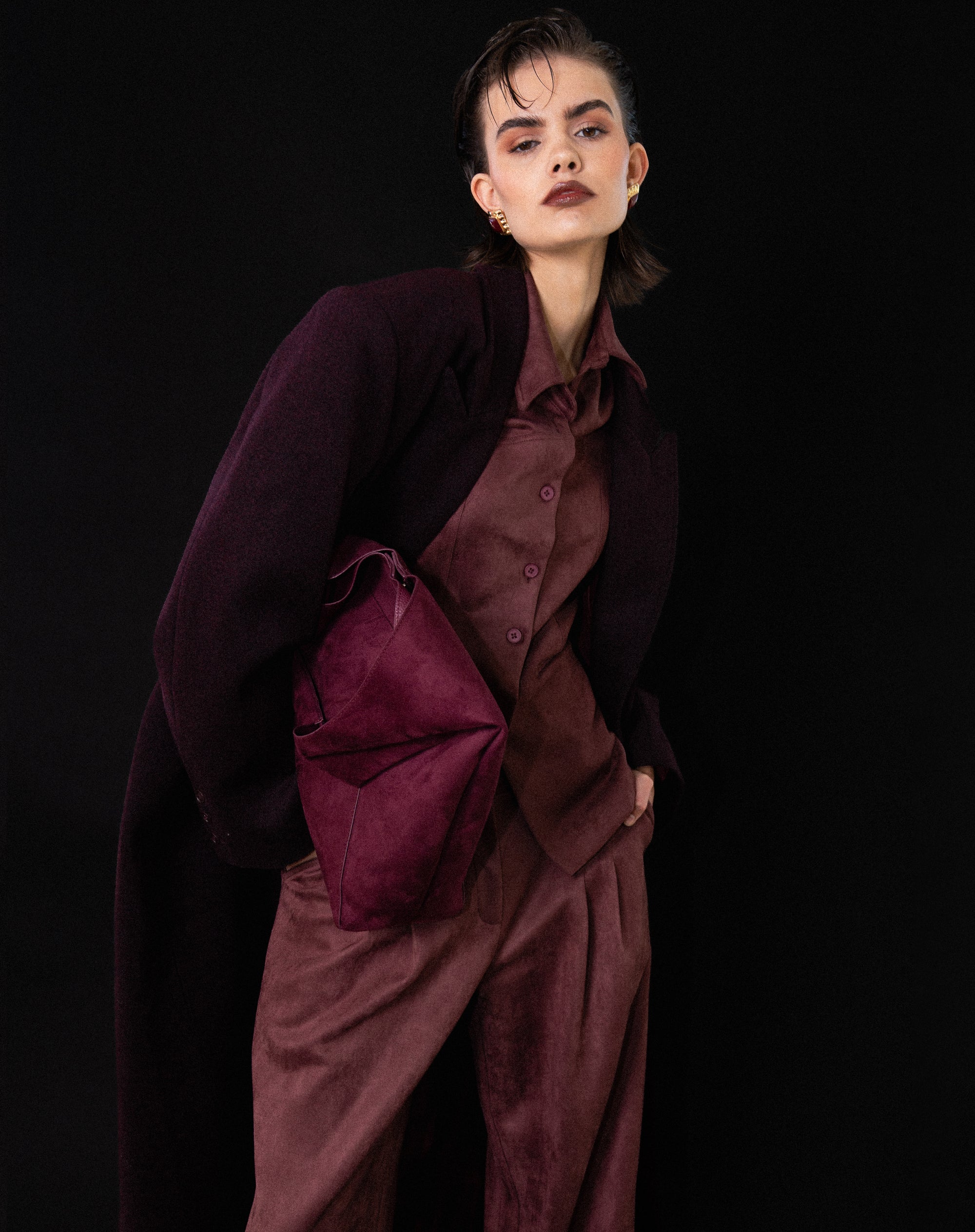 Kieran Oversized Double Breasted Coat, Burgundy