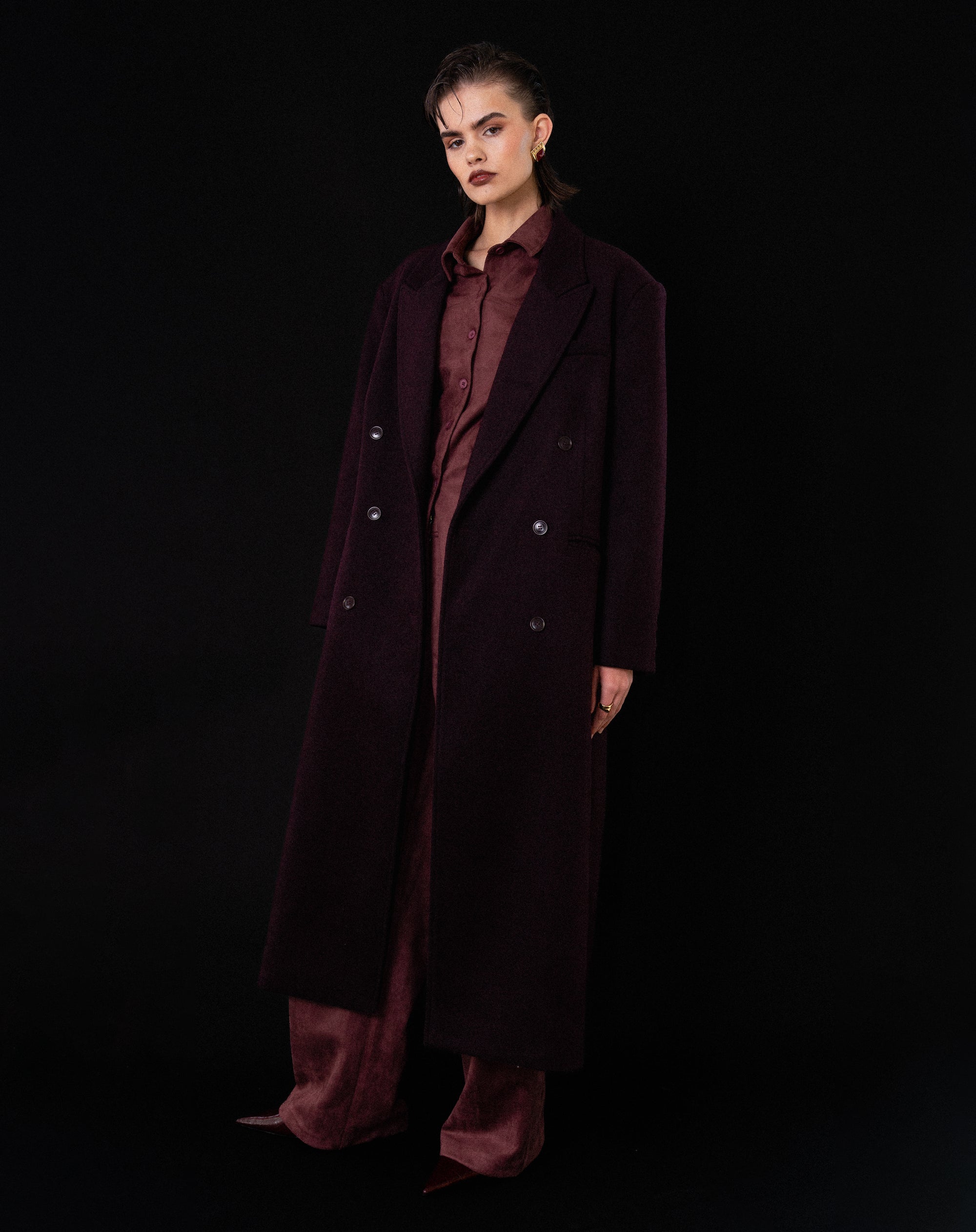 Kieran Oversized Double Breasted Coat, Burgundy