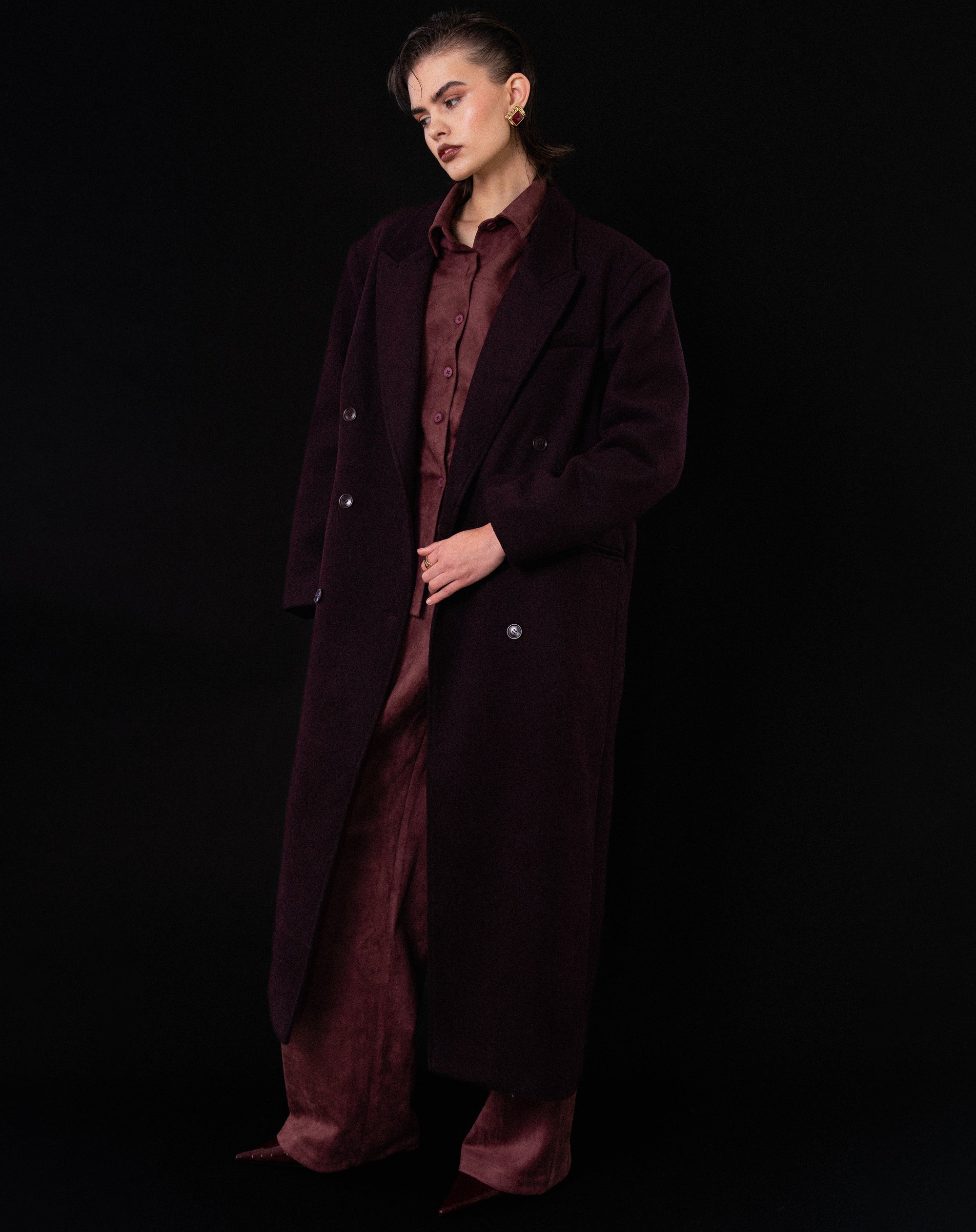 Kieran Oversized Double Breasted Coat, Burgundy