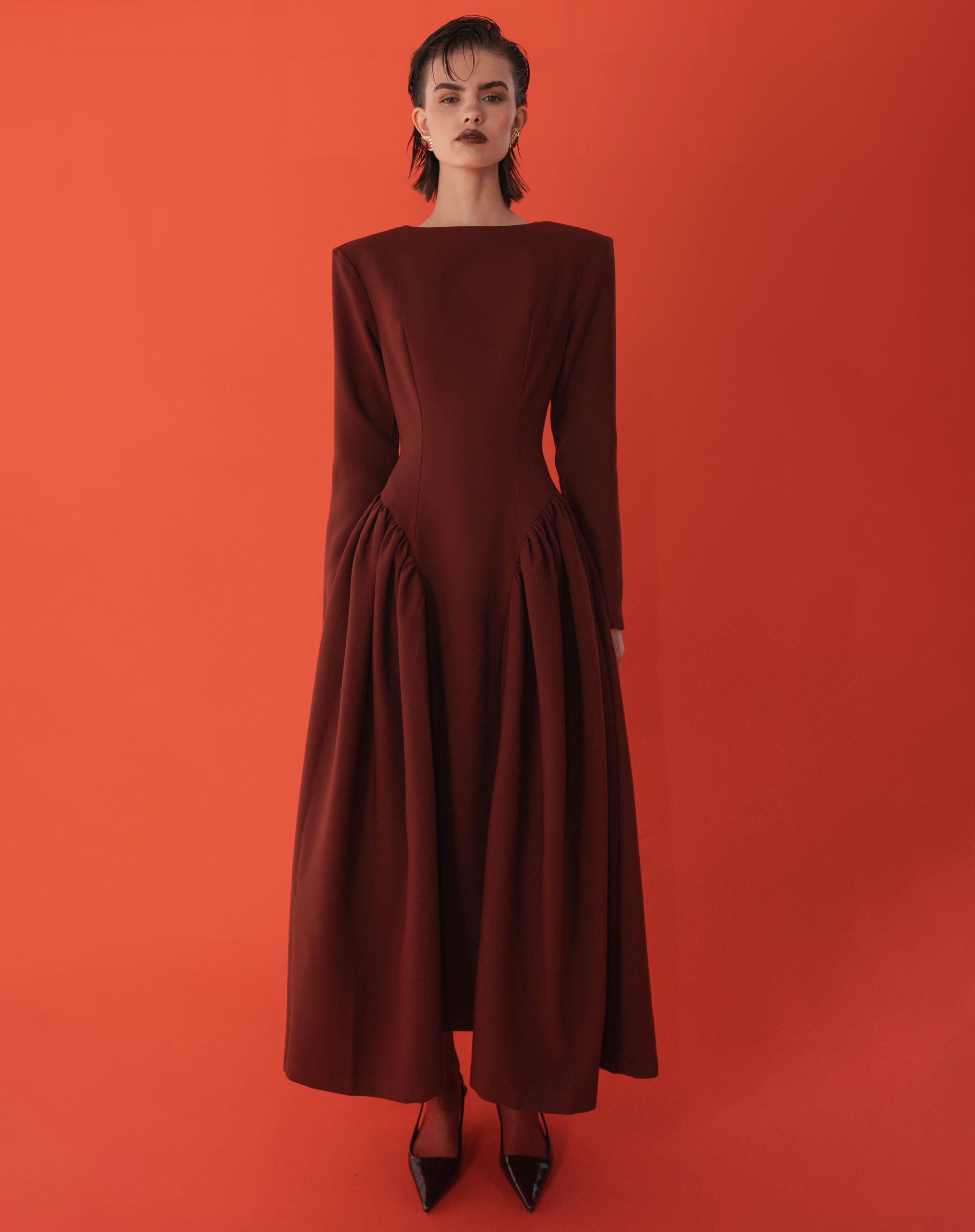 Aisling Oversized Shoulder Midi Dress, Burgundy