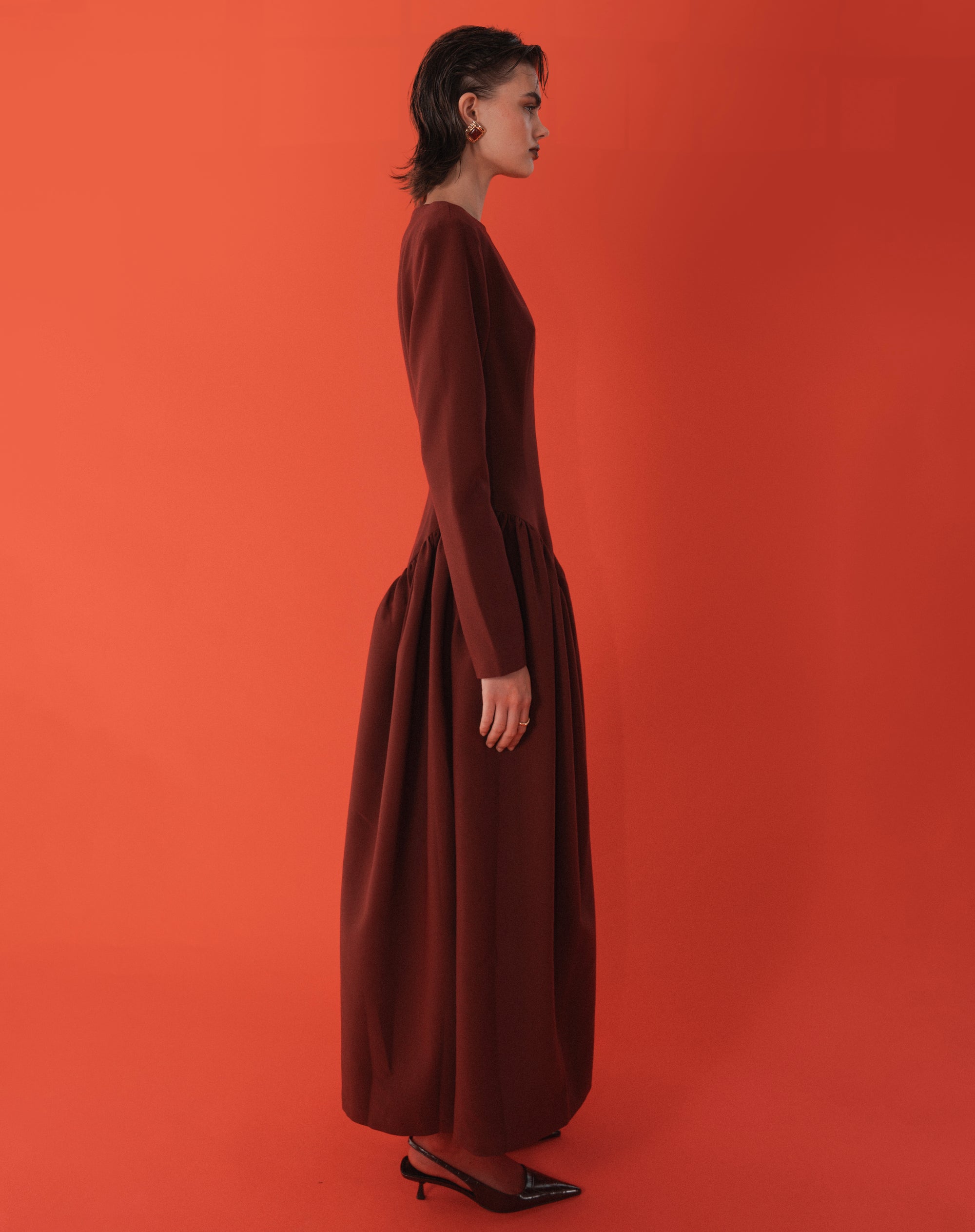 Aisling Oversized Shoulder Midi Dress, Burgundy