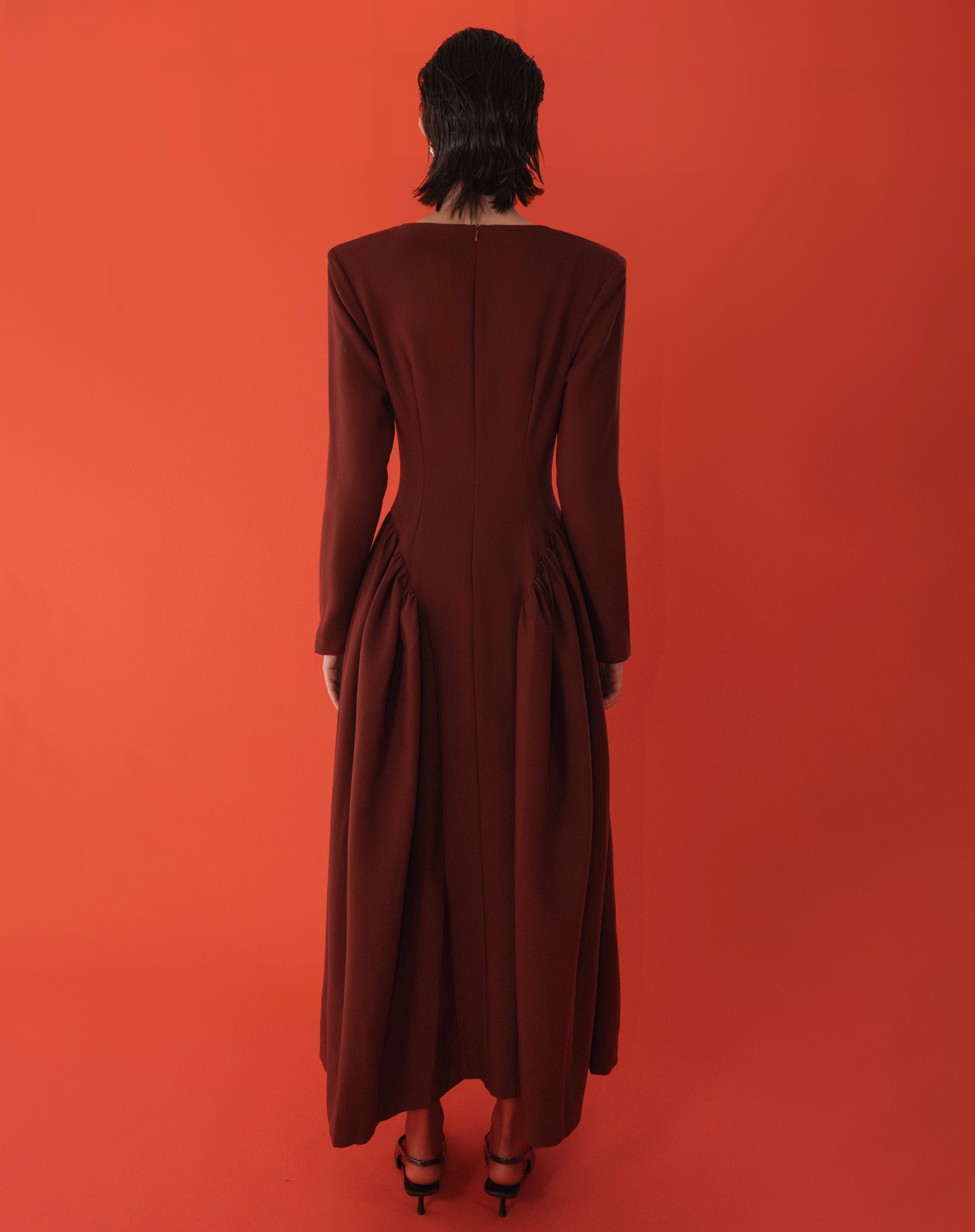 Aisling Oversized Shoulder Midi Dress, Burgundy