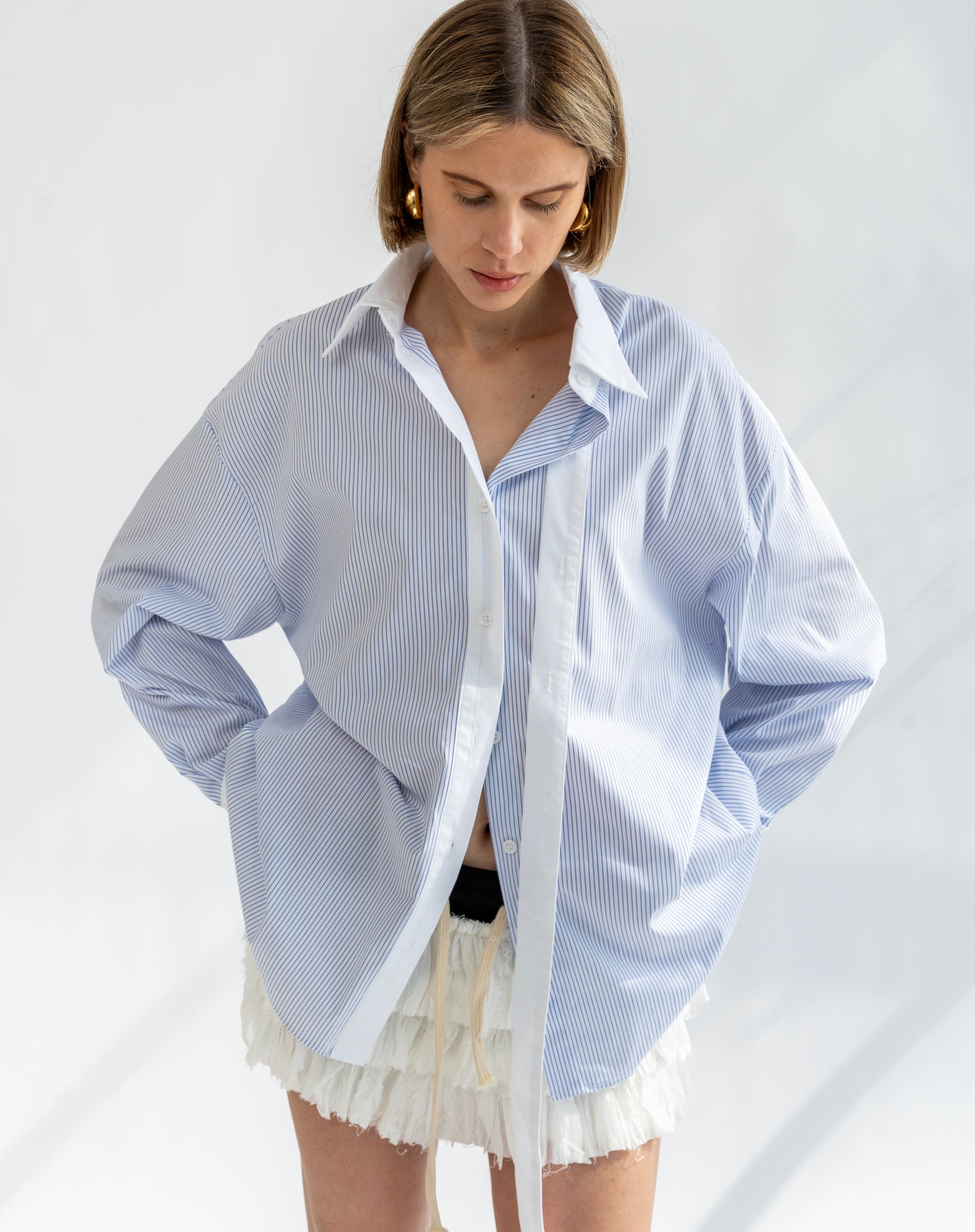 Chemise rayée à double patte de boutonnage Bjorn, bleu clair