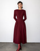 Aisling Oversized Shoulder Midi Dress, Burgundy