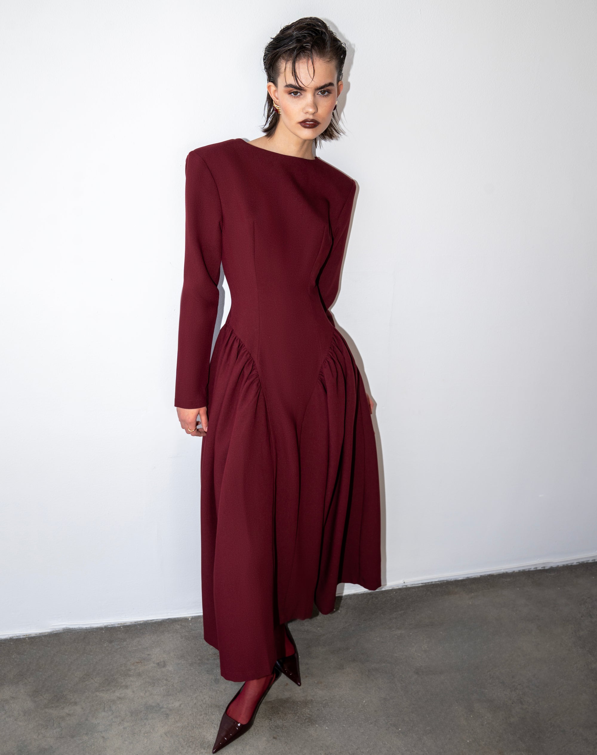 Aisling Oversized Shoulder Midi Dress, Burgundy