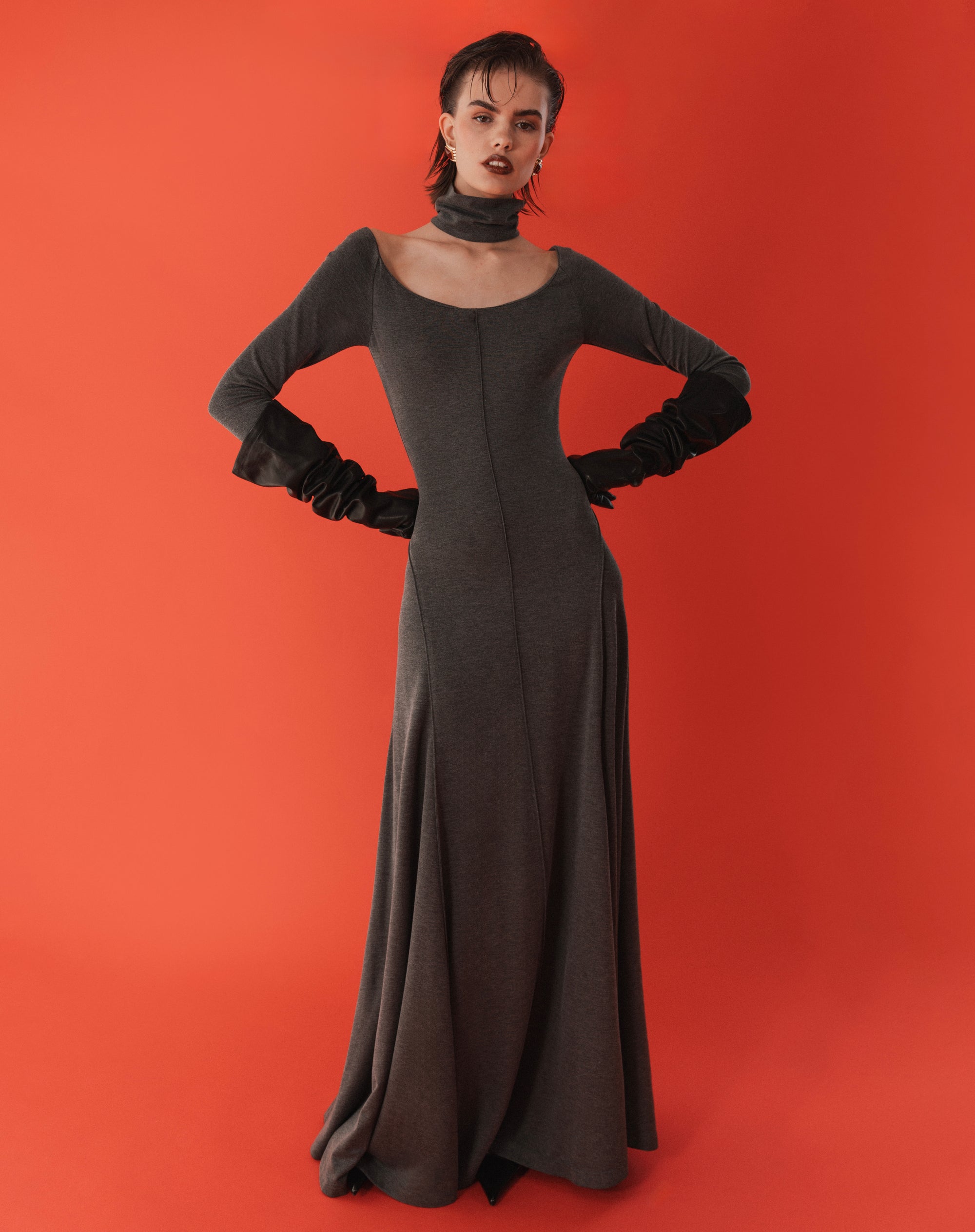 Viviana High Neck Maxi Dress, Charcoal