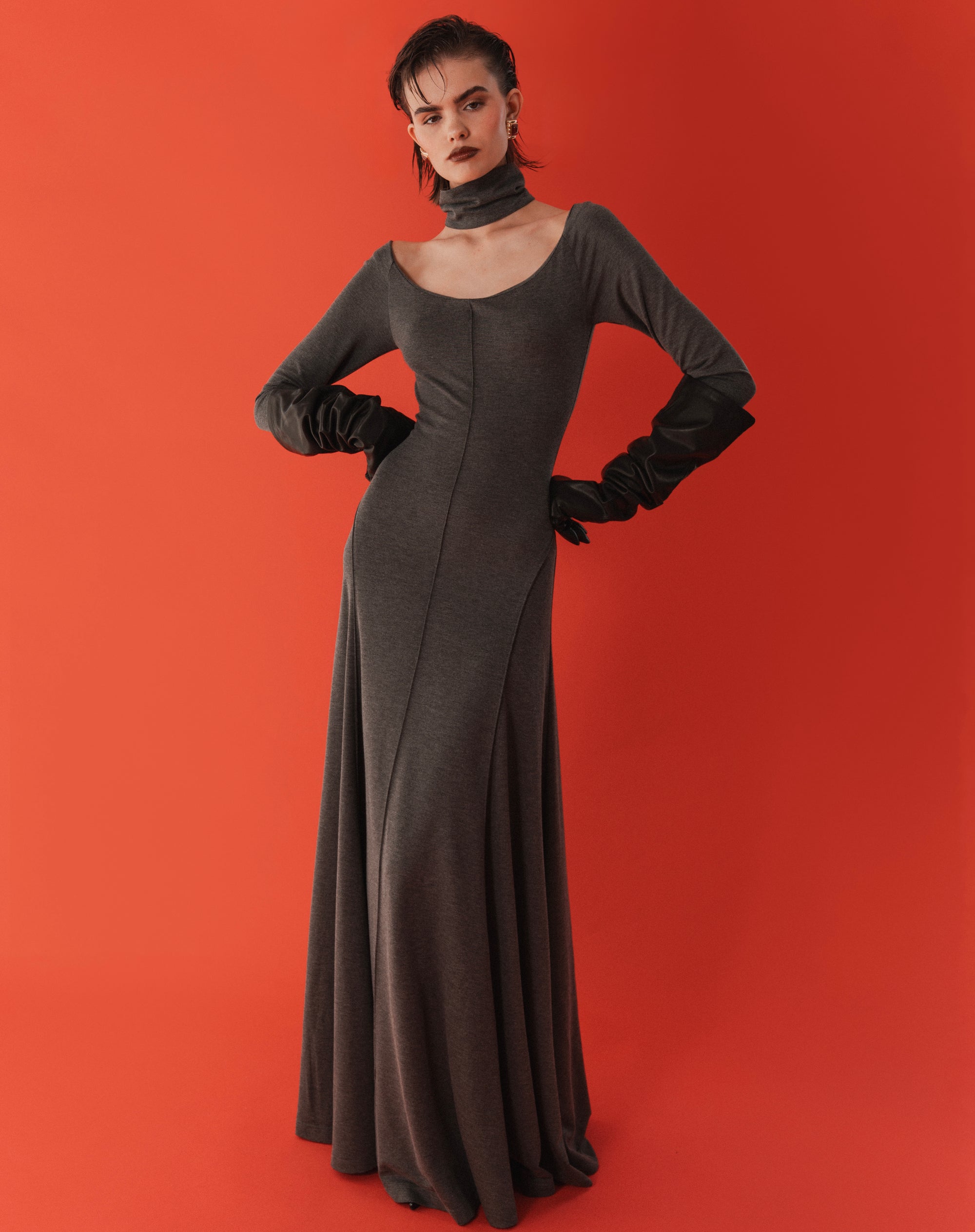 Viviana High Neck Maxi Dress, Charcoal