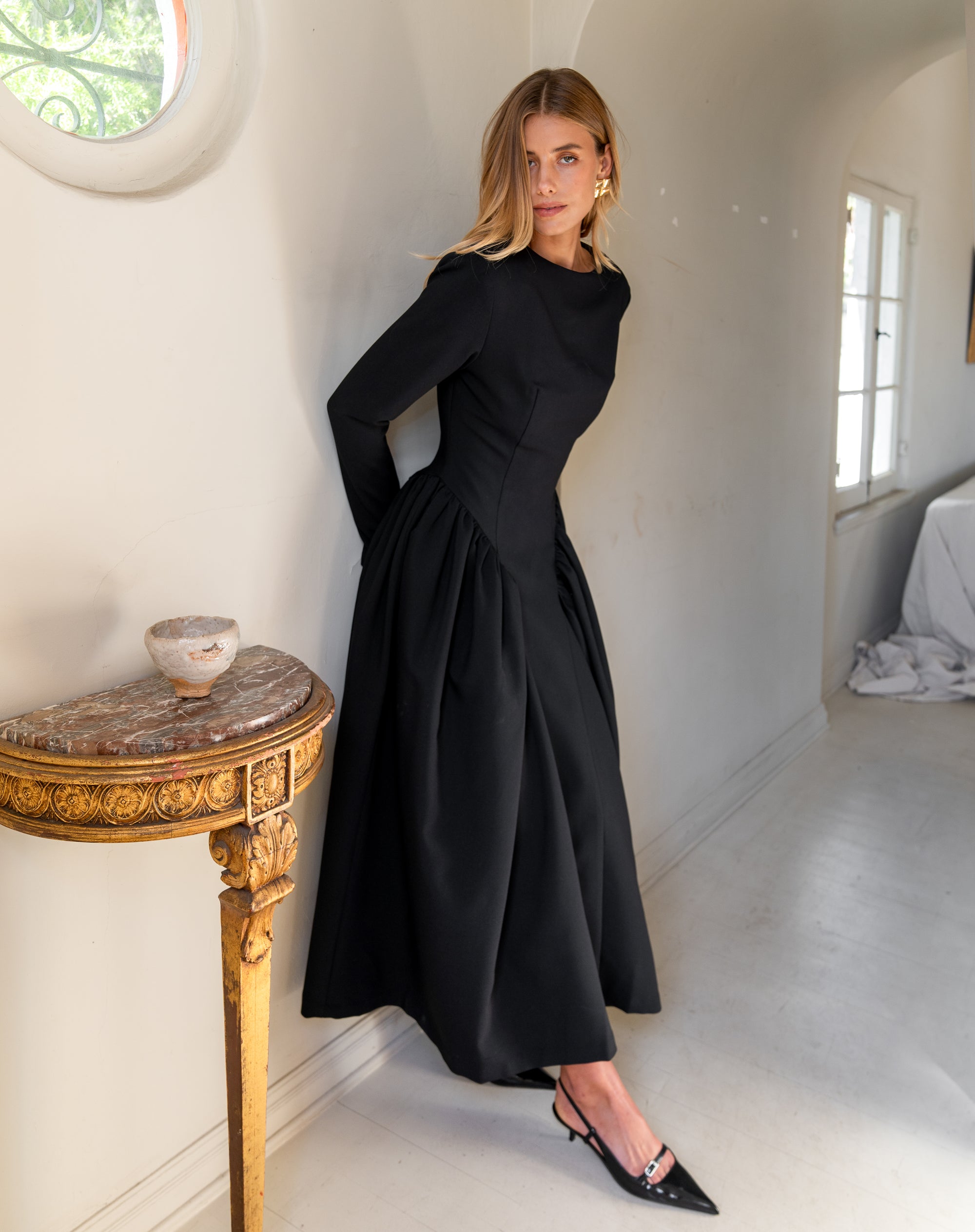 Aisling Oversized Shoulder Midi Dress, Black