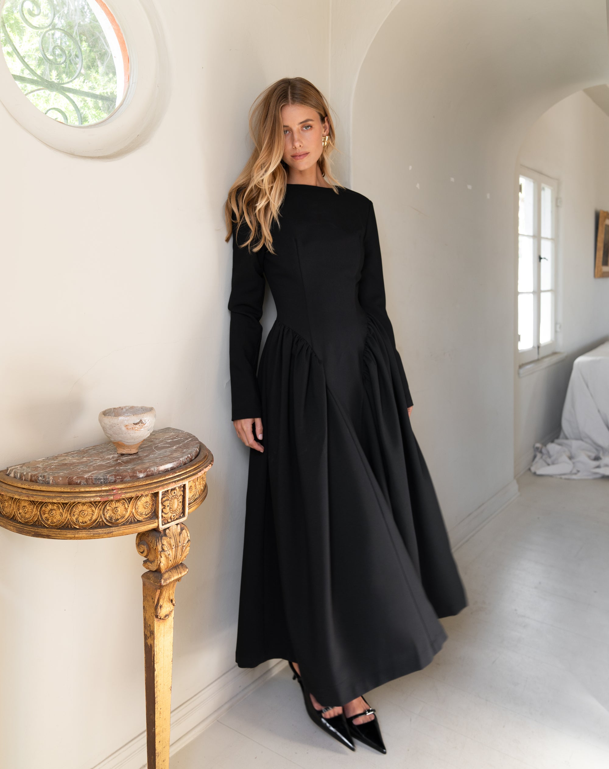 Aisling Oversized Shoulder Midi Dress, Black