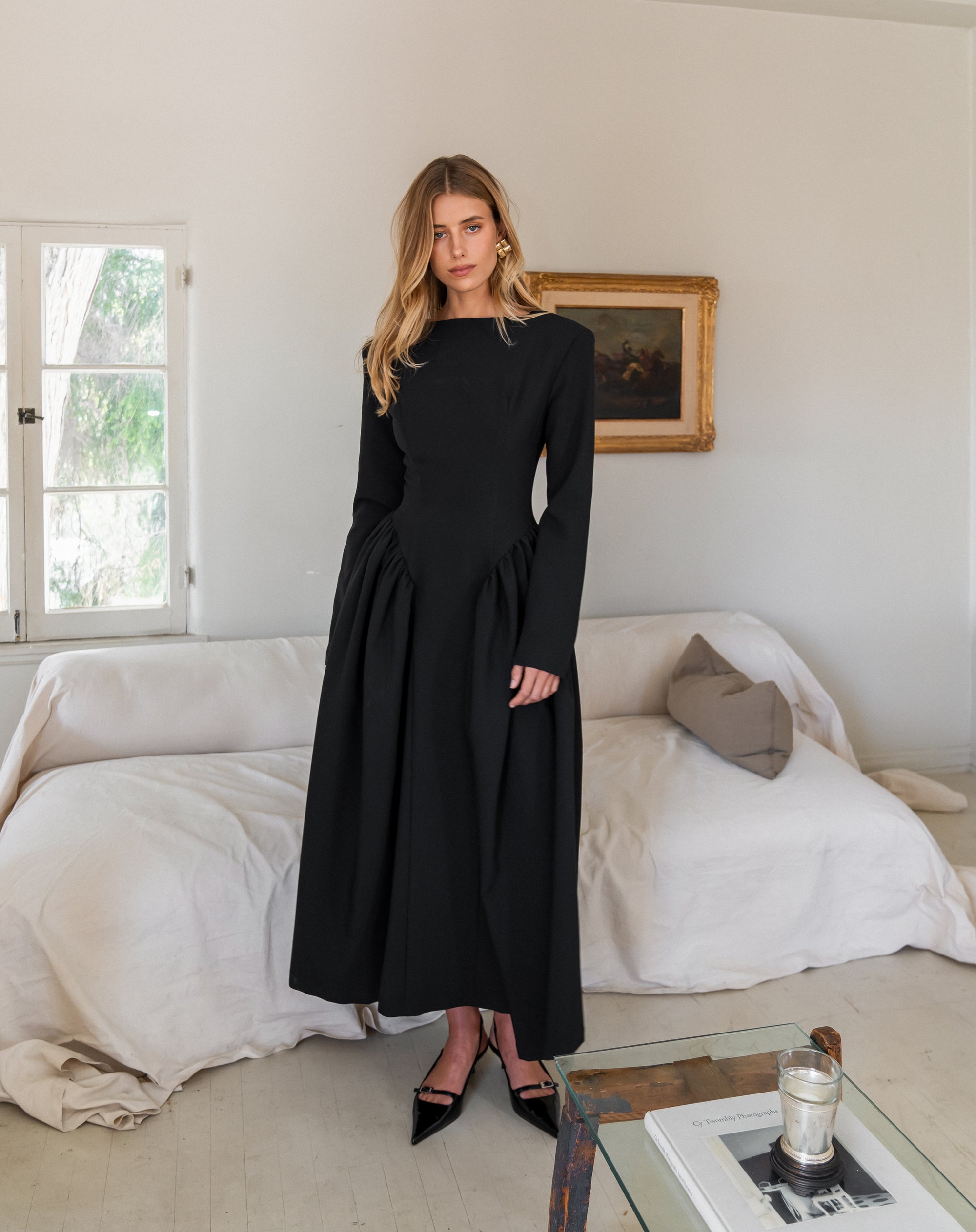 Aisling Oversized Shoulder Midi Dress, Black