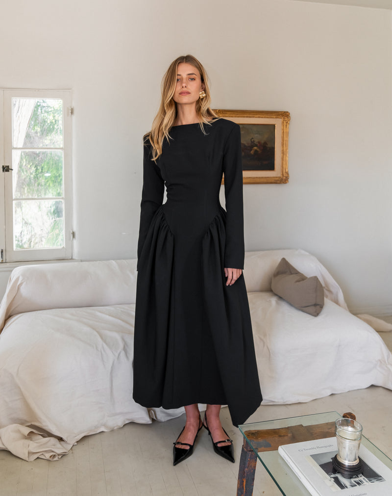 Aisling Oversized Shoulder Midi Dress, Black