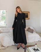 Aisling Oversized Shoulder Midi Dress, Black