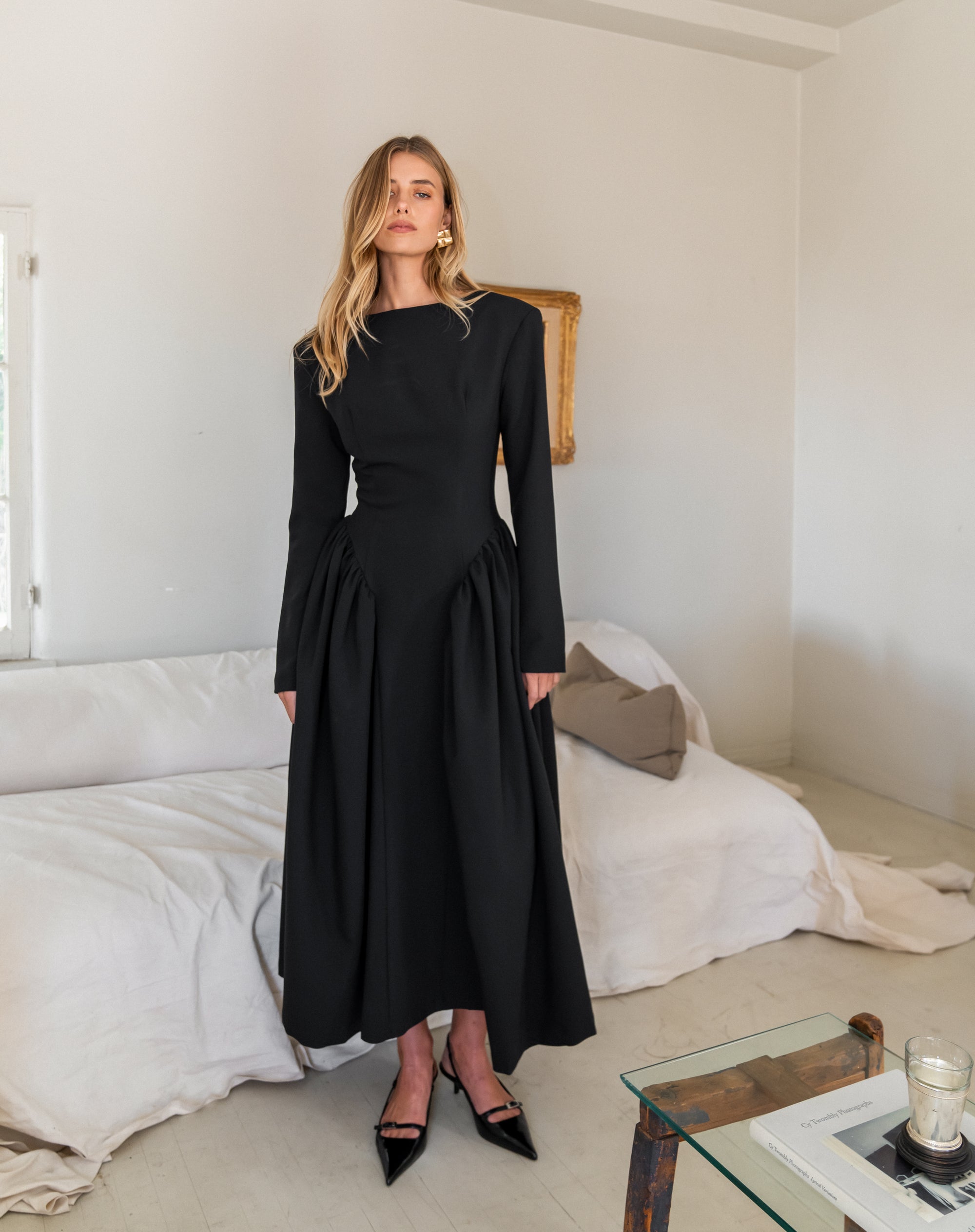 Aisling Oversized Shoulder Midi Dress, Black