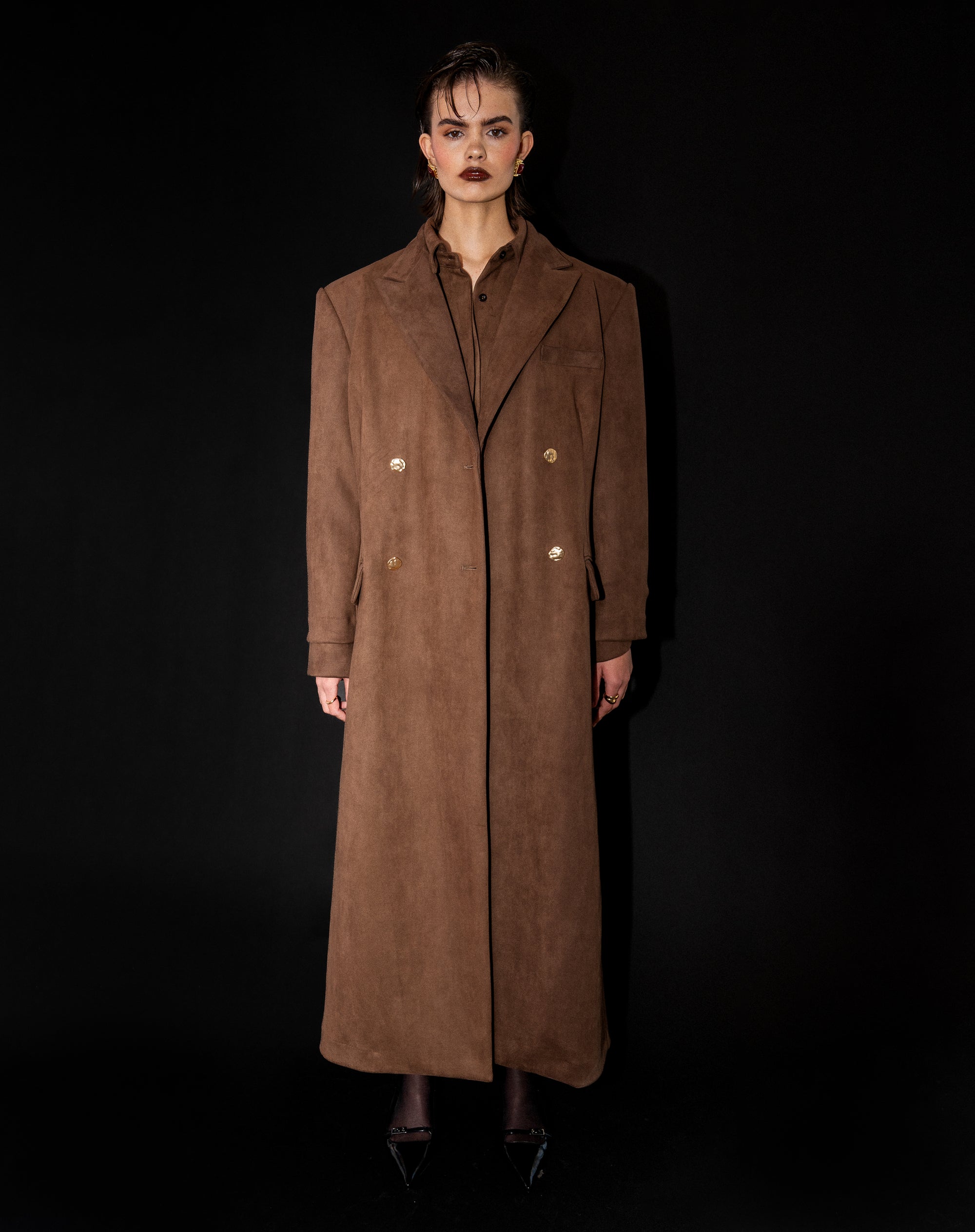 Rowan Suede Oversized Maxi Coat, Dark Brown