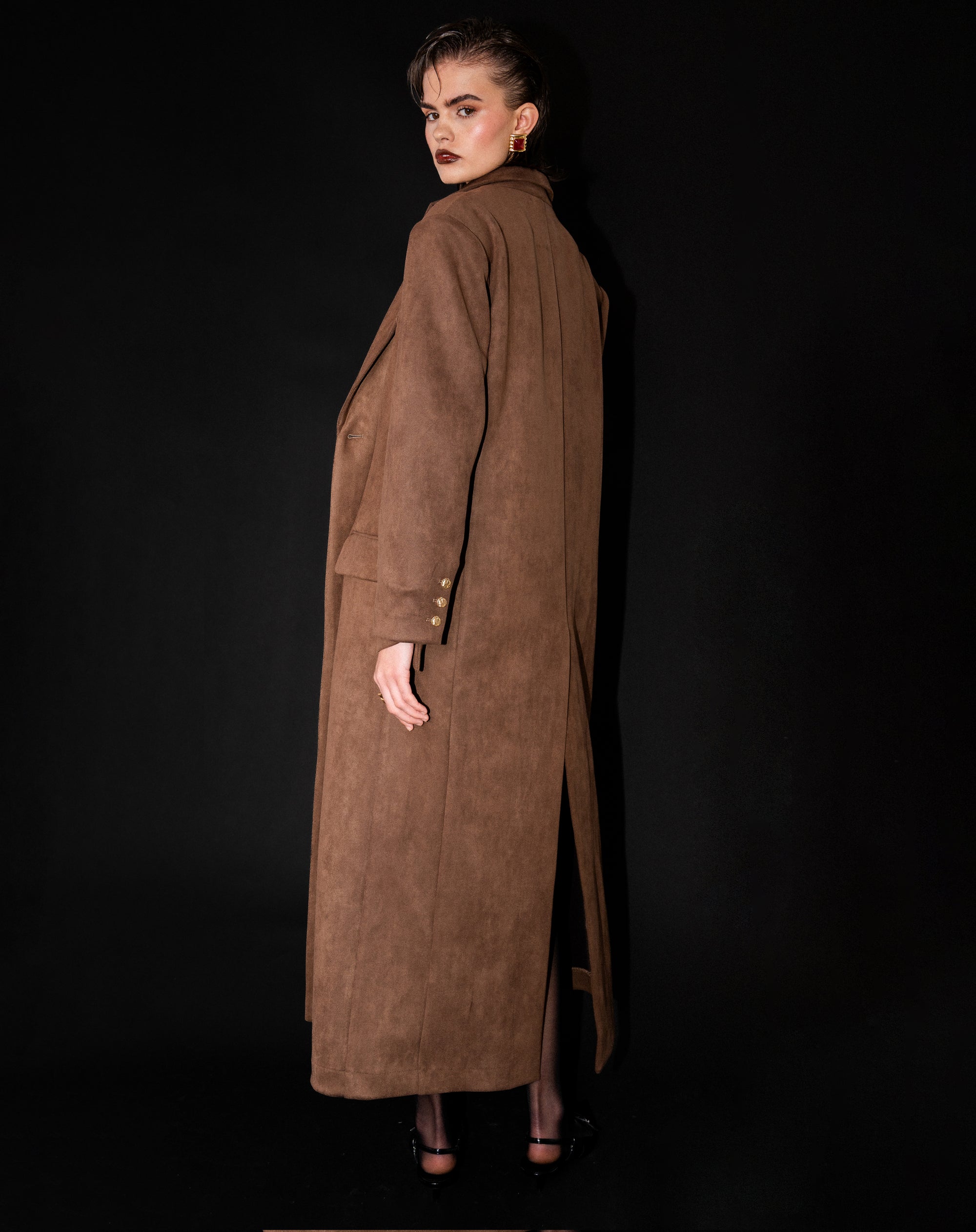 Rowan Suede Oversized Maxi Coat, Dark Brown