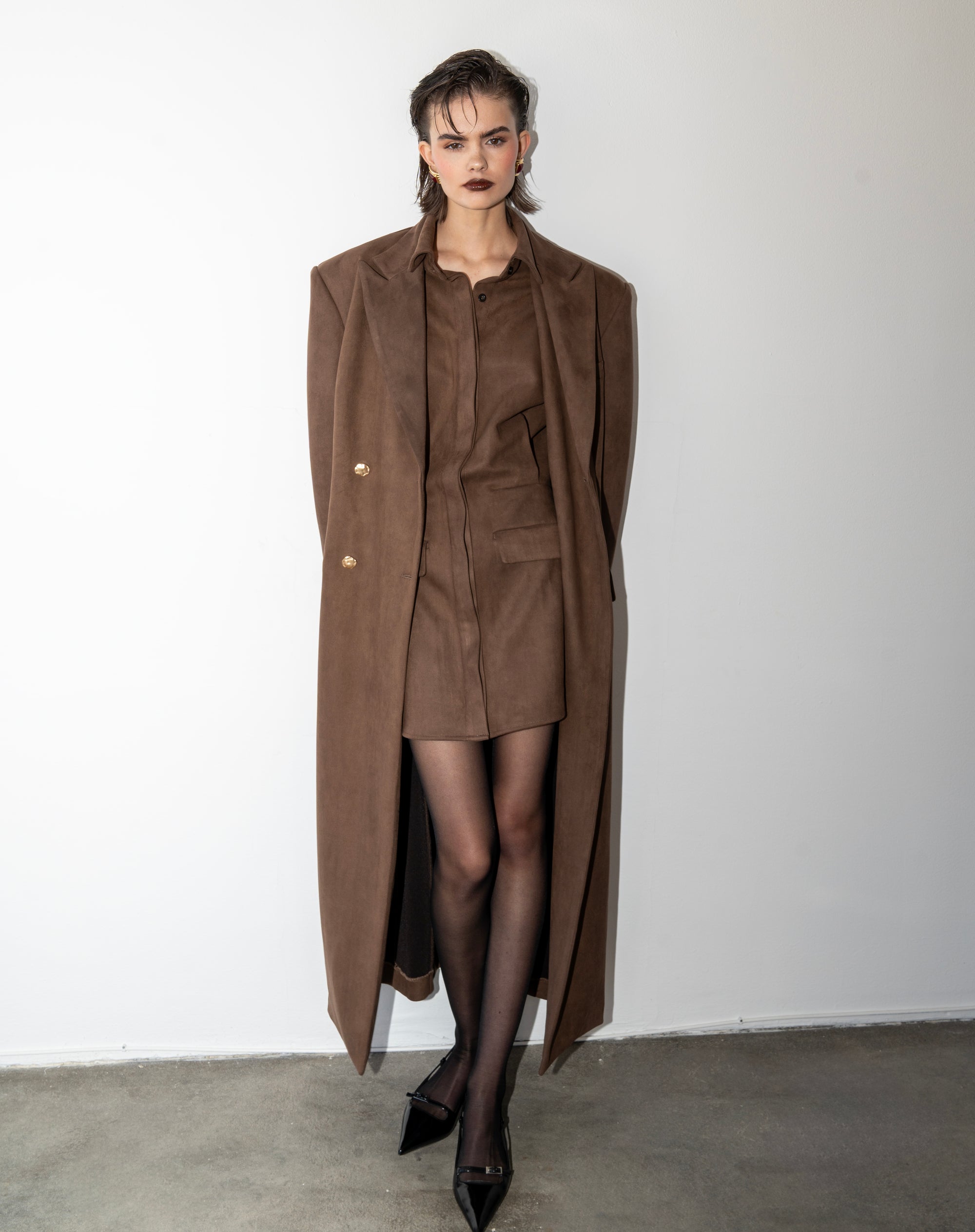 Rowan Faux Suede Oversized Maxi Coat, Dark Brown