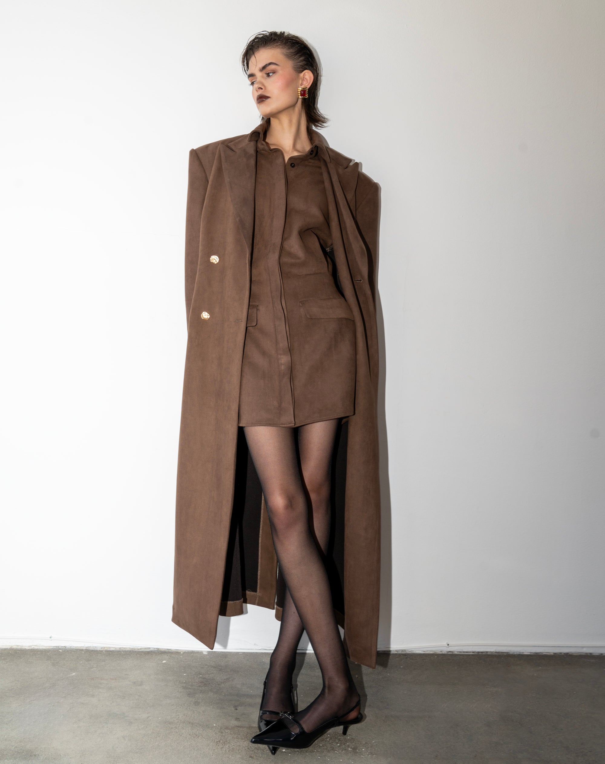 Rowan Faux Suede Oversized Maxi Coat, Dark Brown