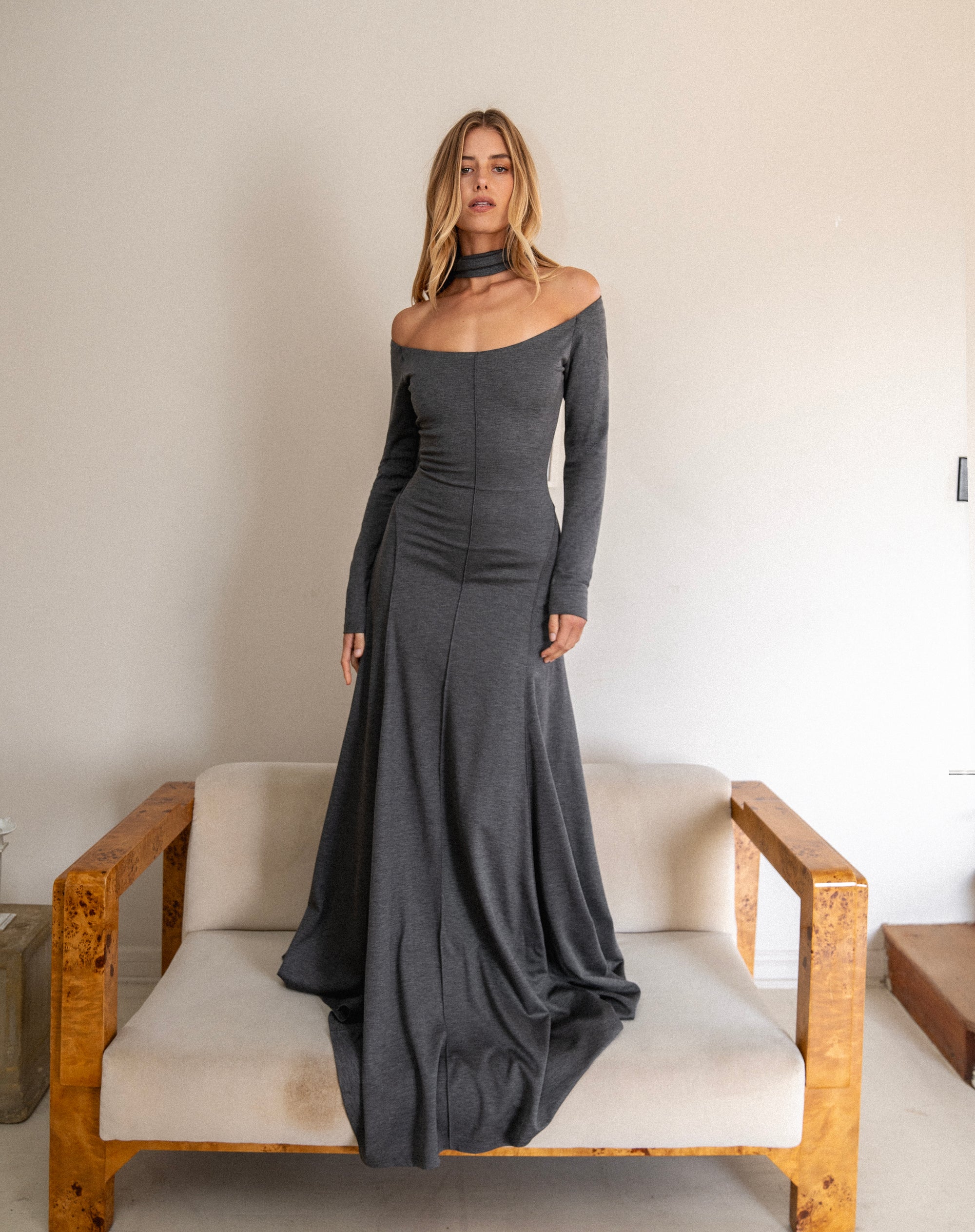 Viviana High Neck Maxi Dress, Charcoal