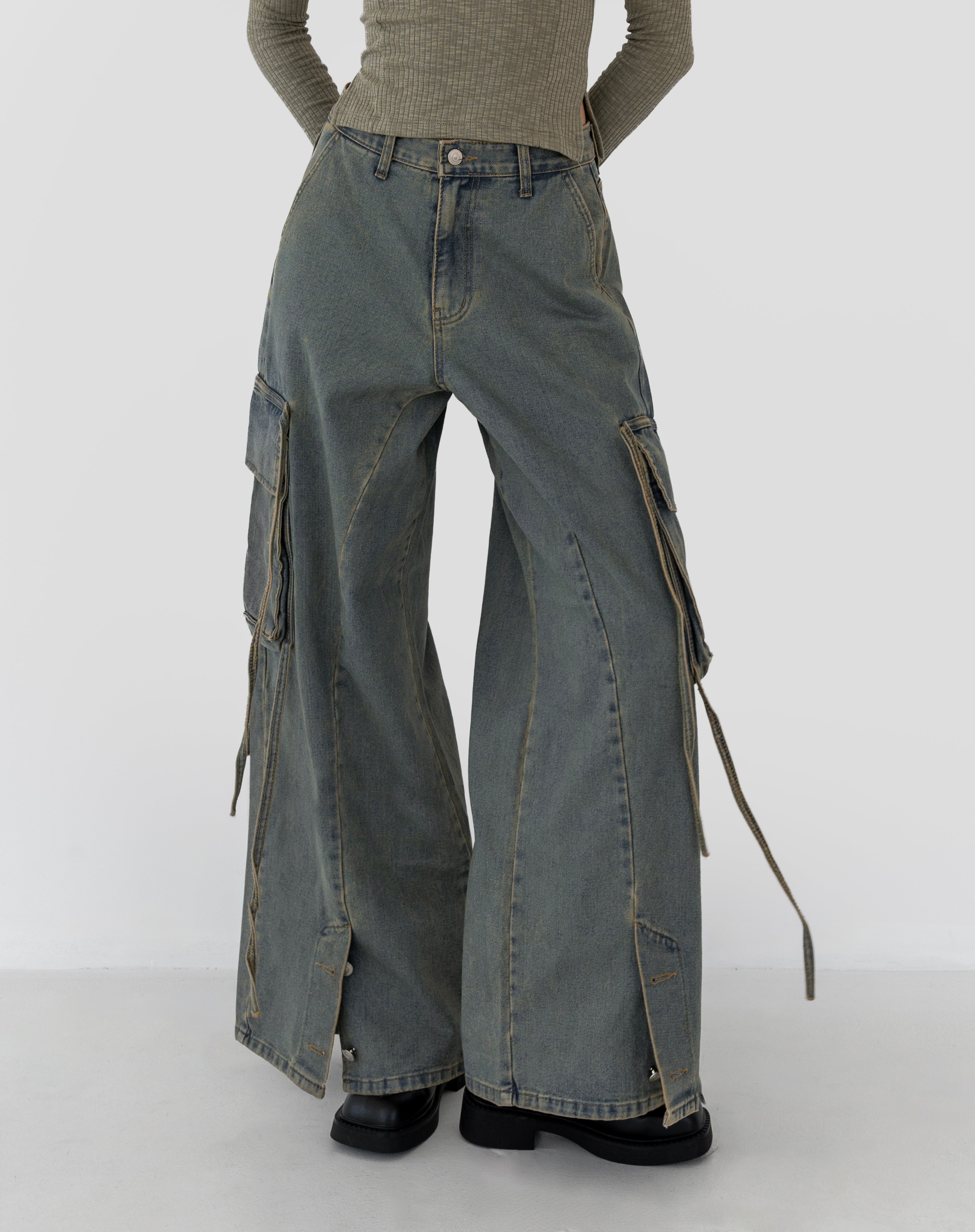 Ashe Pocket Cargo Jeans, Mid Green Wash