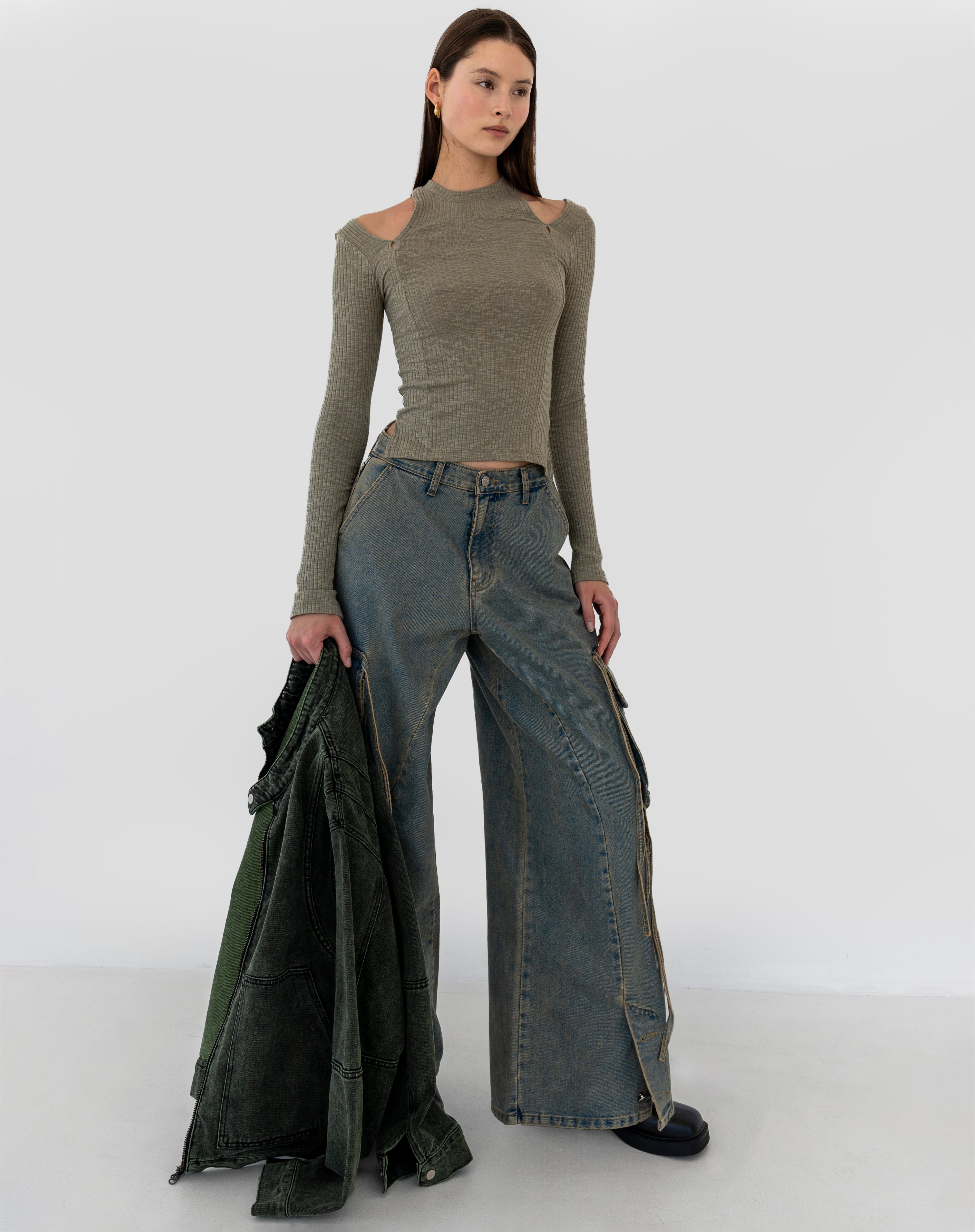 Ashe Pocket Cargo Jeans, Mid Green Wash