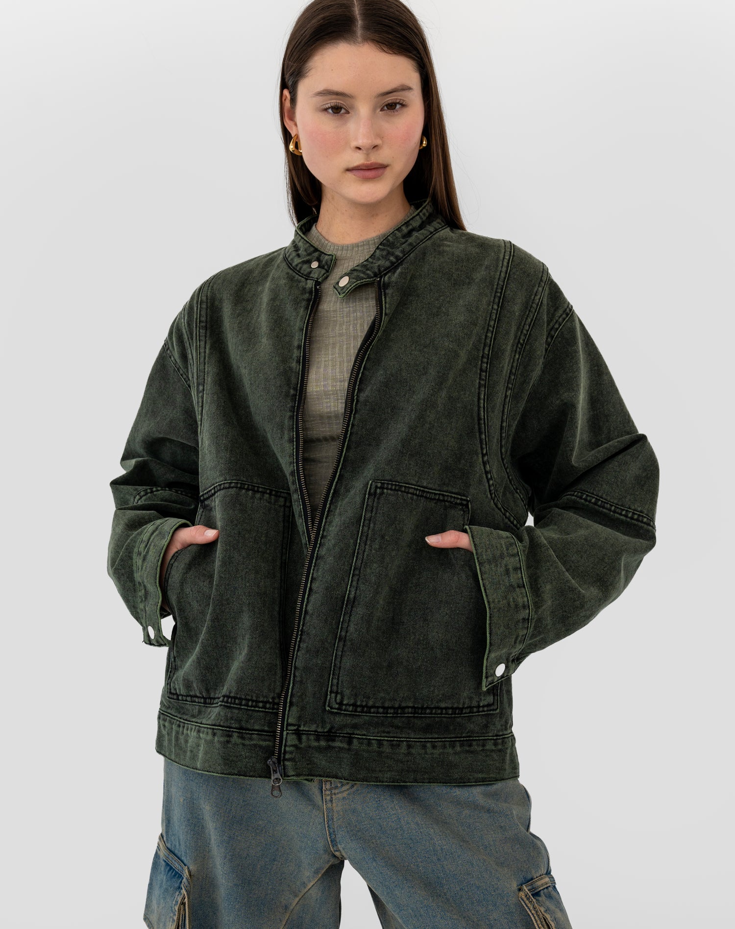 Ashe Pocket Cargo Jeans, Mid Green Wash