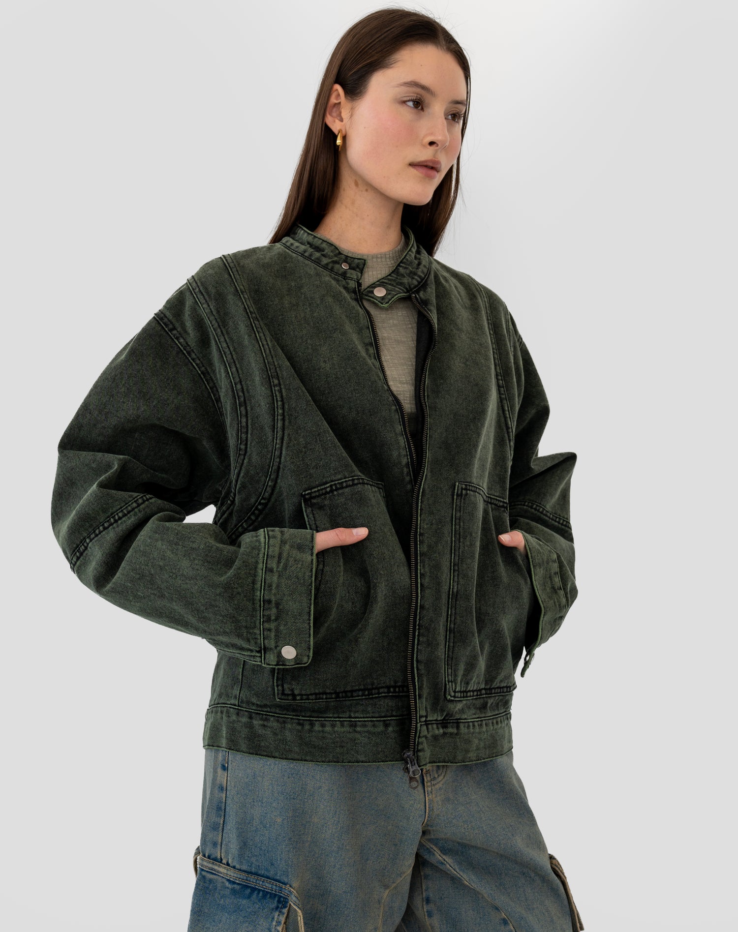 Ashe Pocket Cargo Jeans, Mid Green Wash