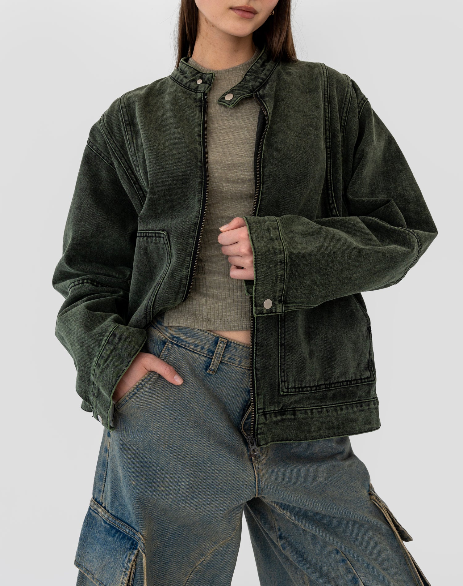 Reece Oversized Denim Jacket, Green Wash