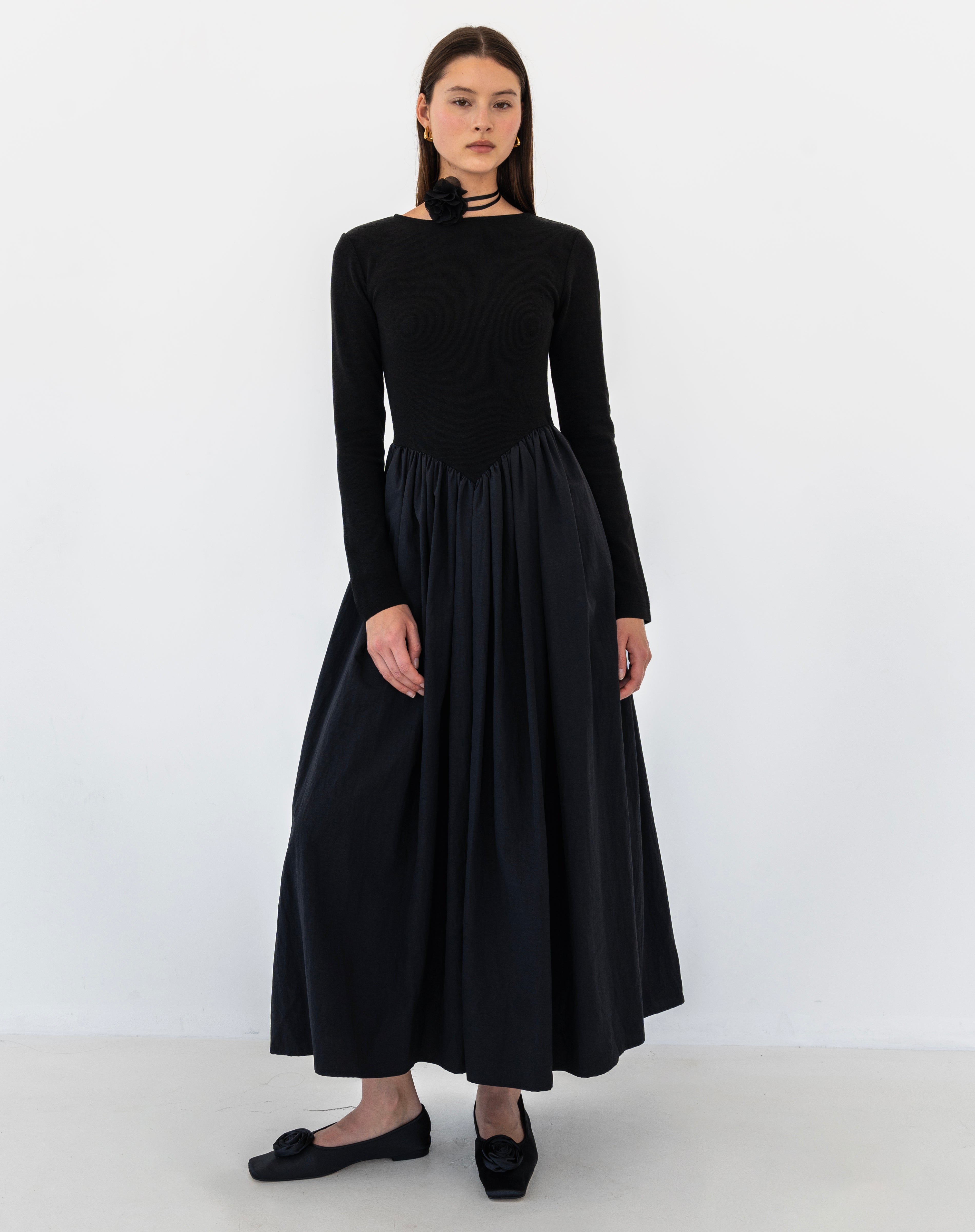 Kira Basque Waist Maxi Dress, Black