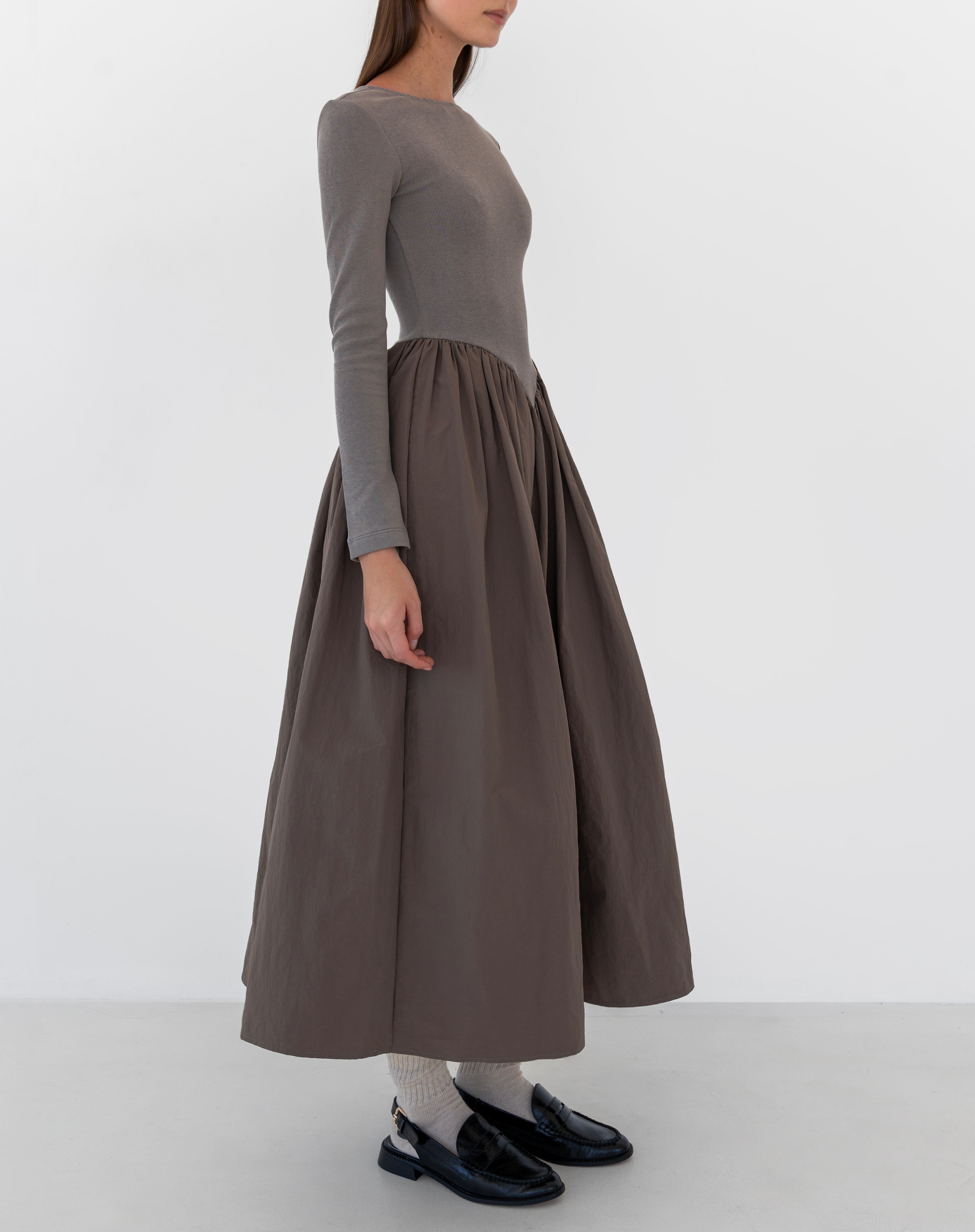 Kira Basque Waist Maxi Dress, Taupe