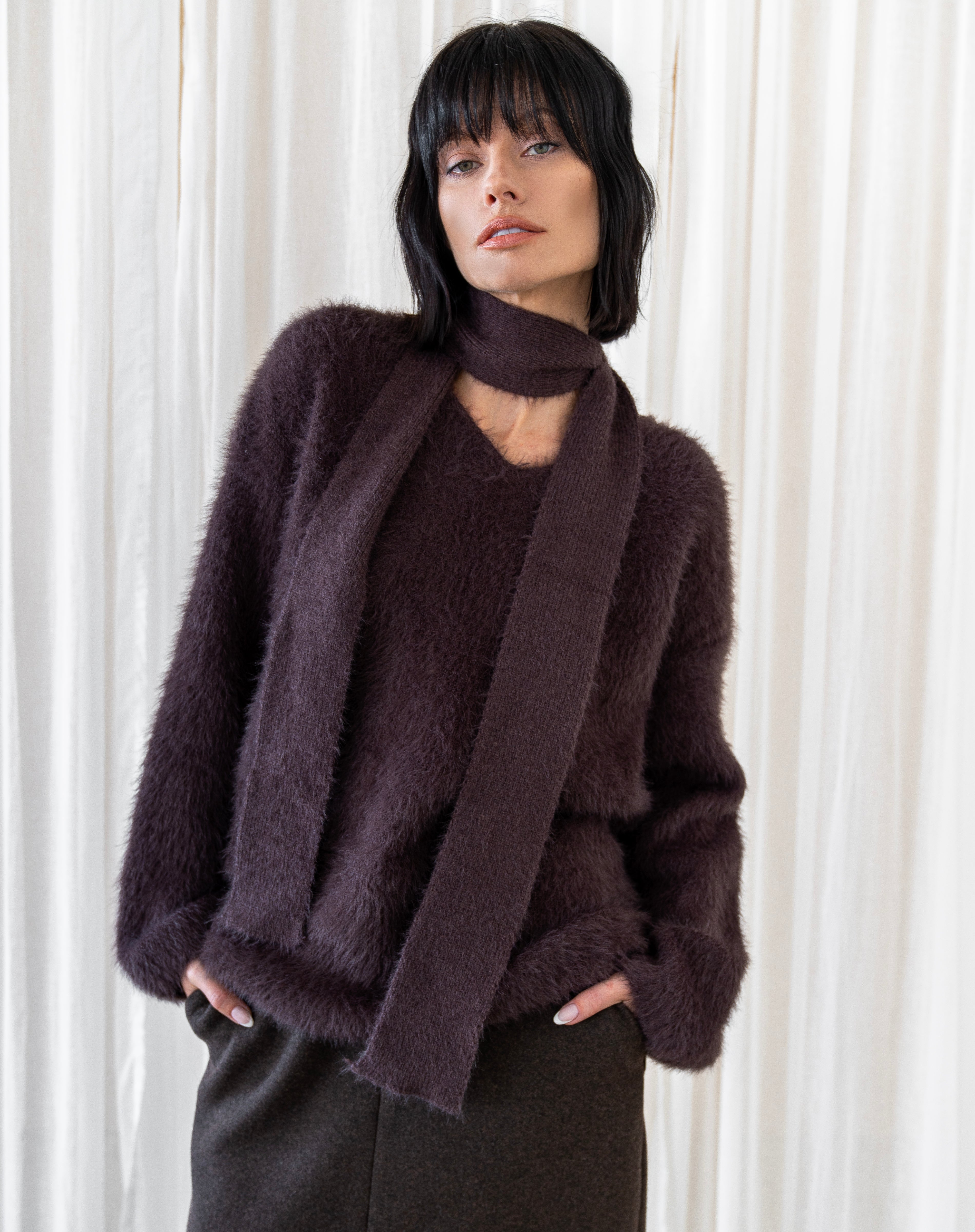 Elowen Fuzzy Sweater And Scarf Set, Deep Purple
