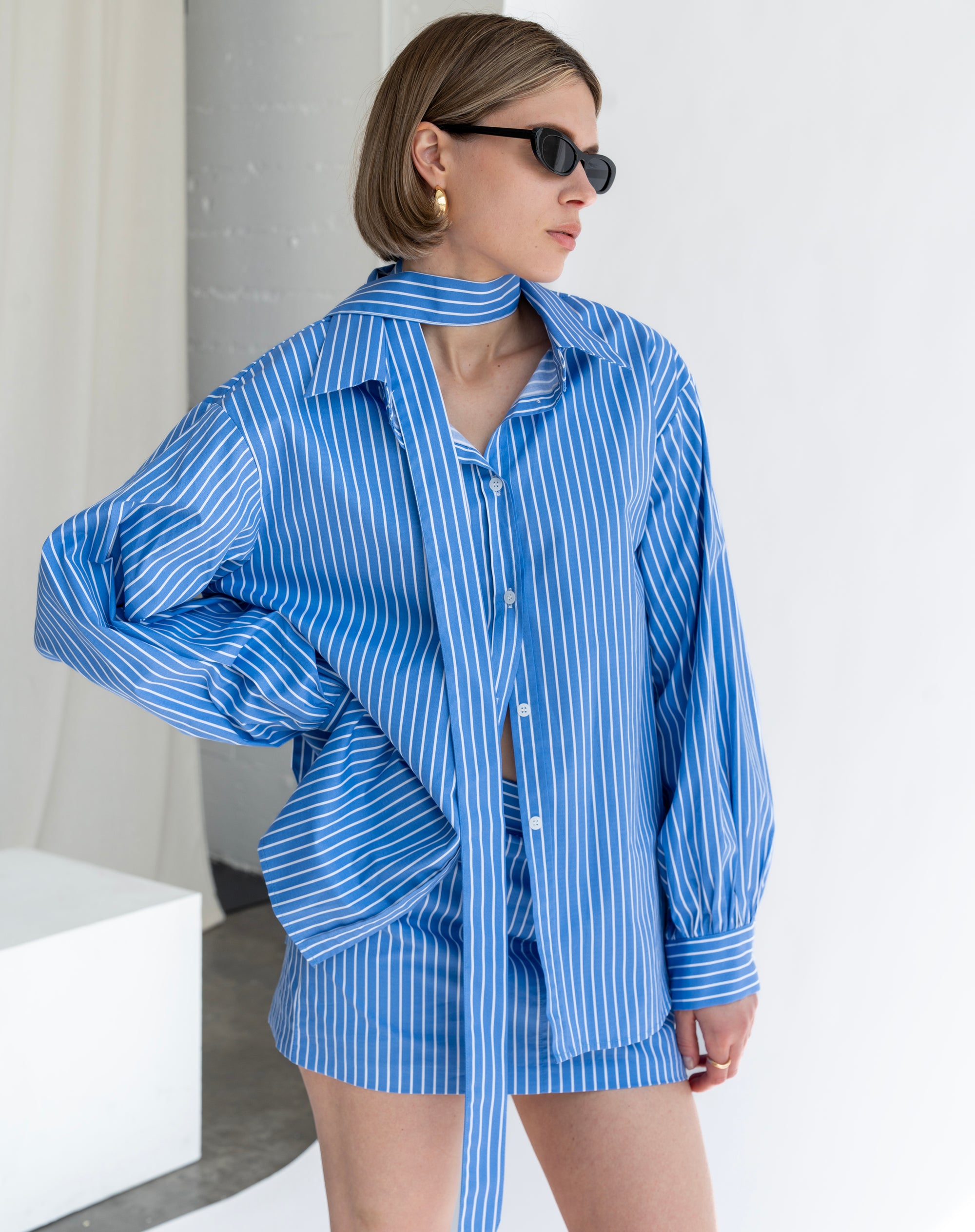 Lyla Striped Shirt With Scarf, Blue