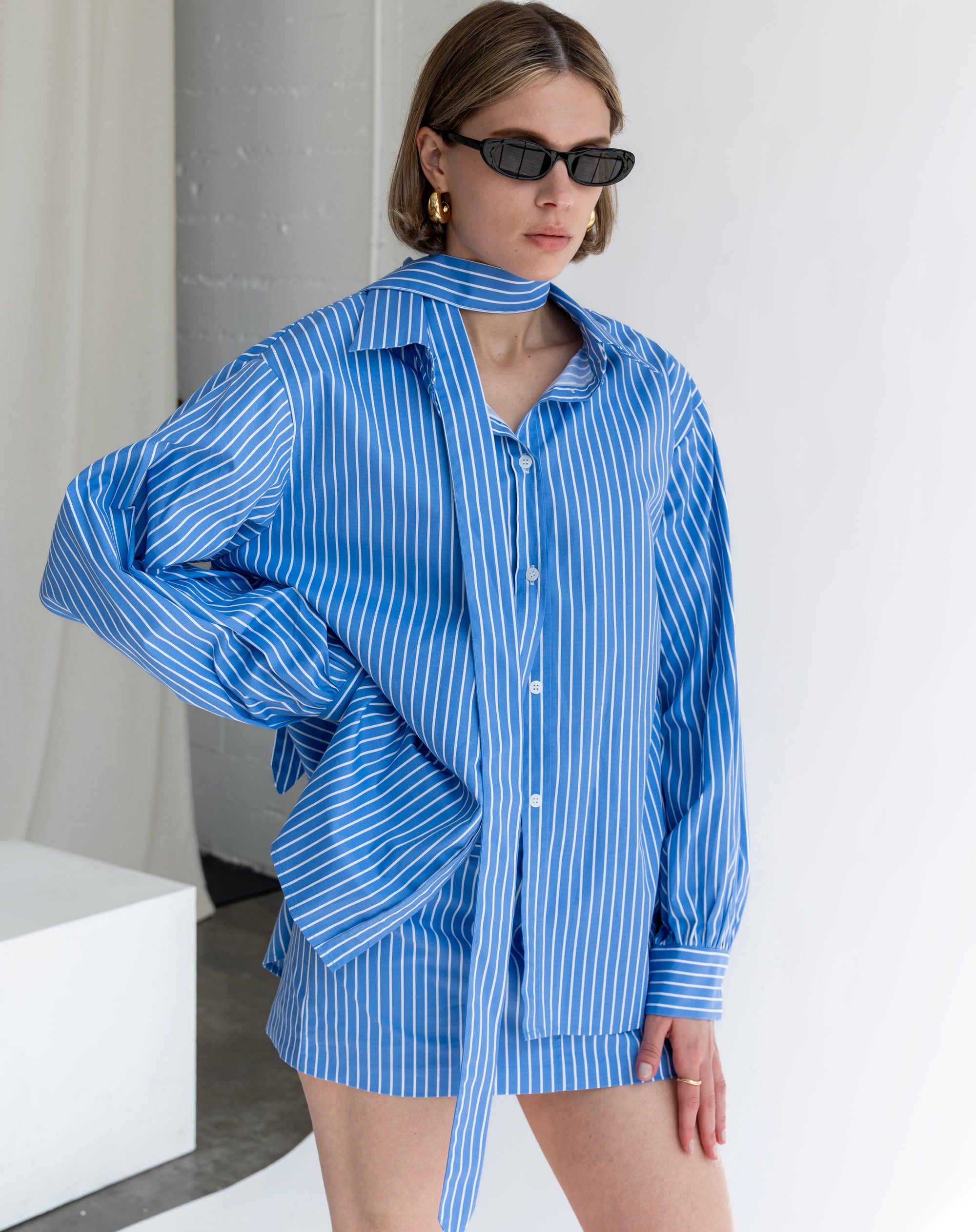 Lyla Striped Shirt With Scarf, Blue