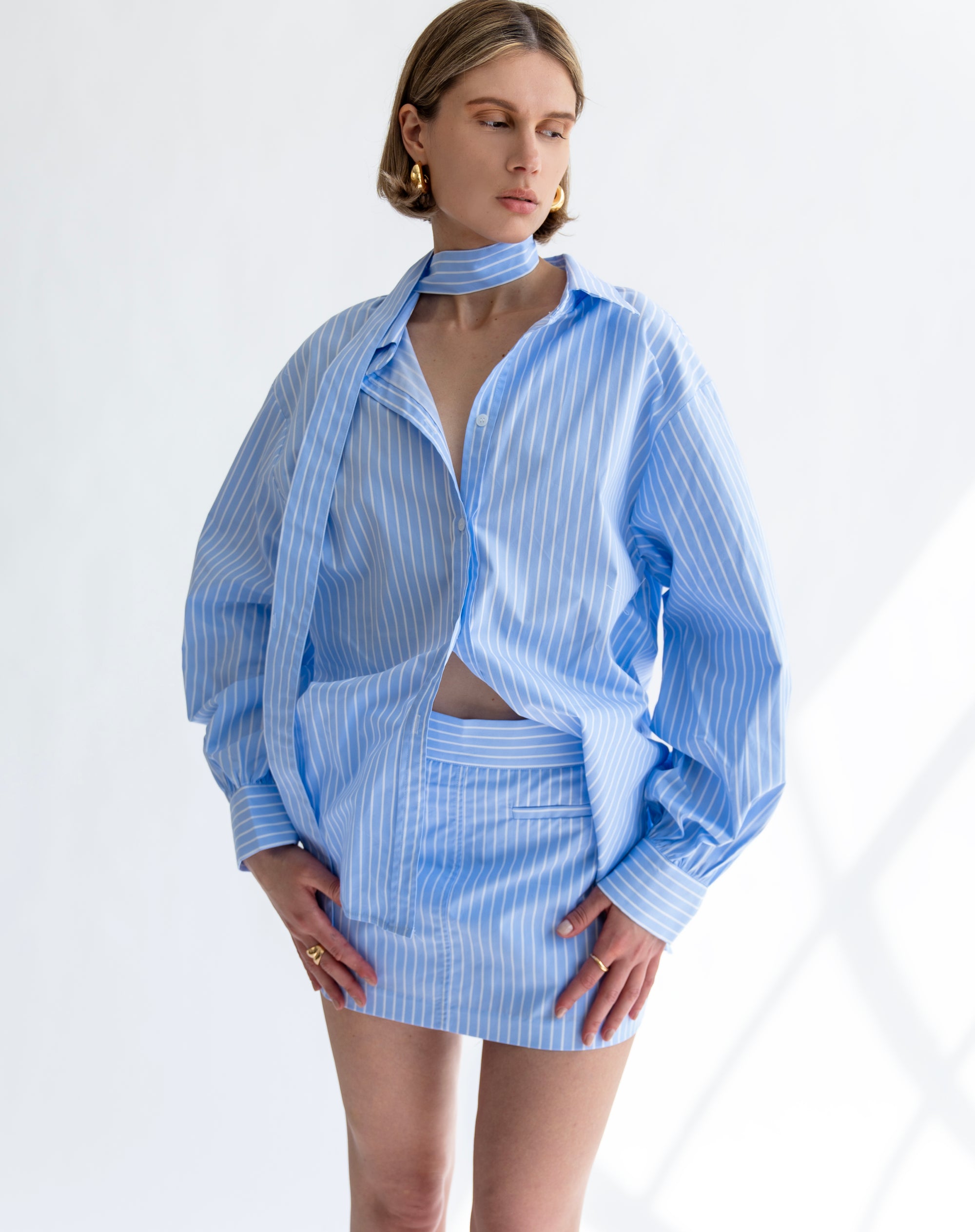 Lyla Striped Shirt With Scarf, Light Blue