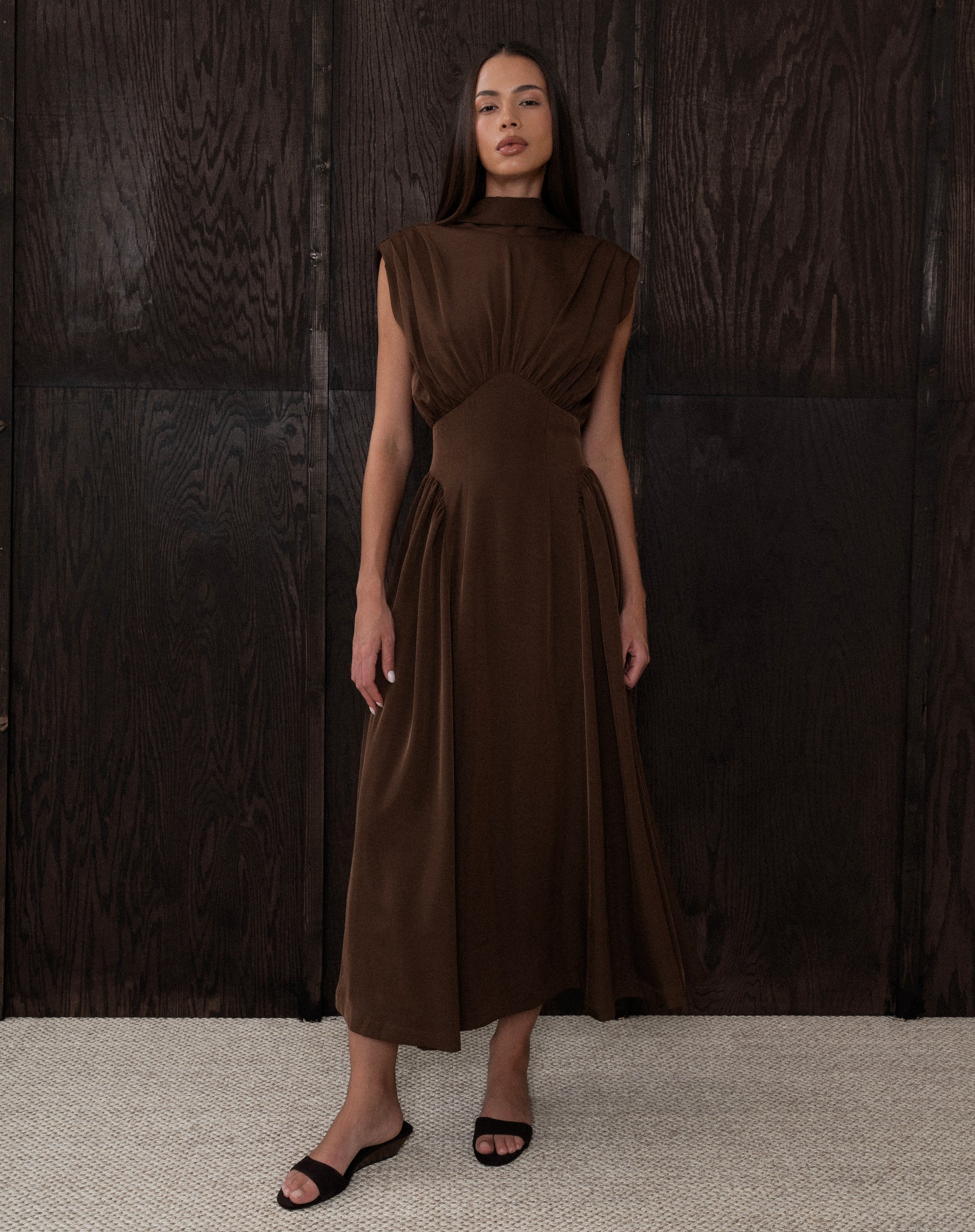 Eliana Sleeveless Back Tie Dress, Dark Brown