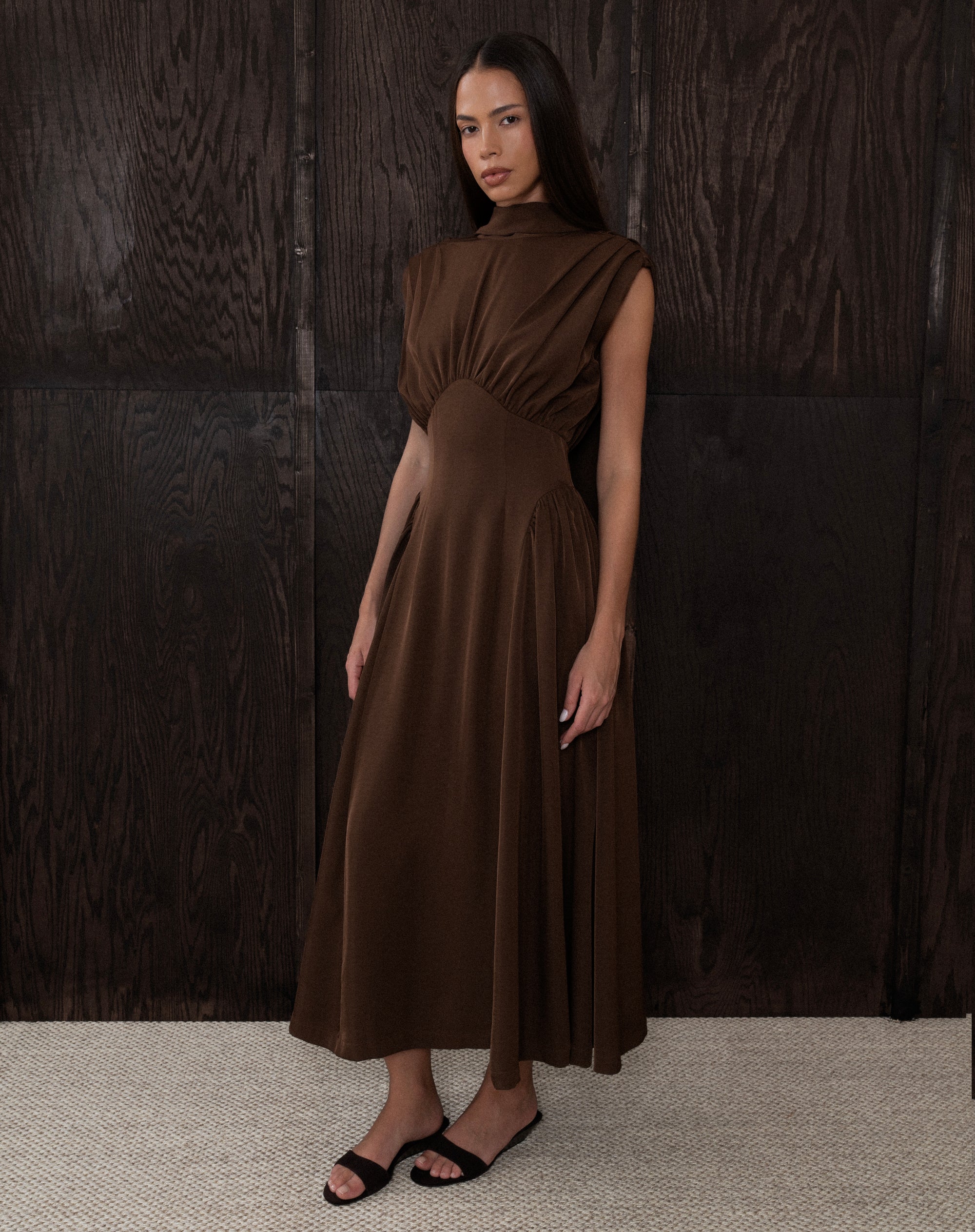 Eliana Sleeveless Back Tie Dress, Dark Brown