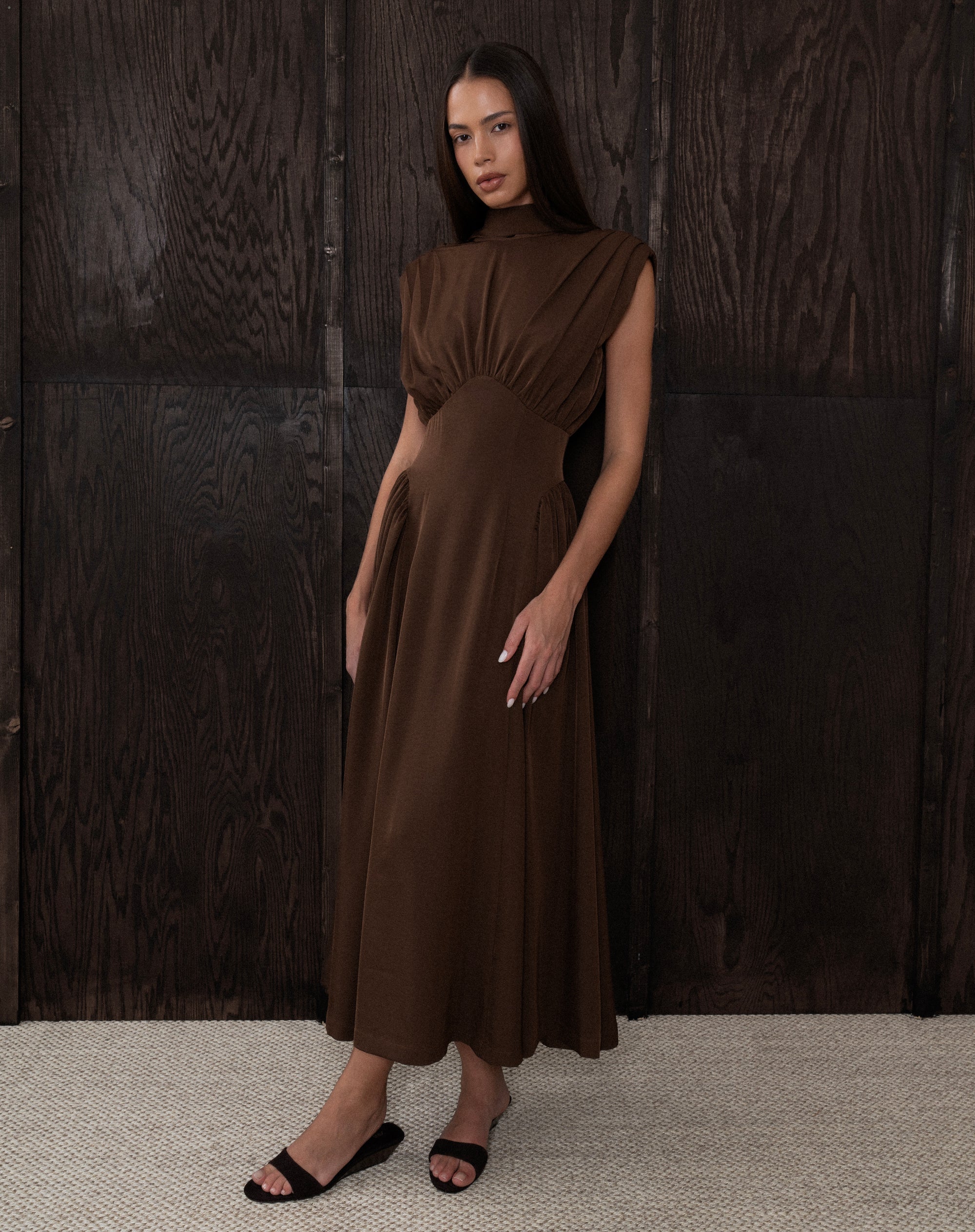 Eliana Sleeveless Back Tie Dress, Dark Brown