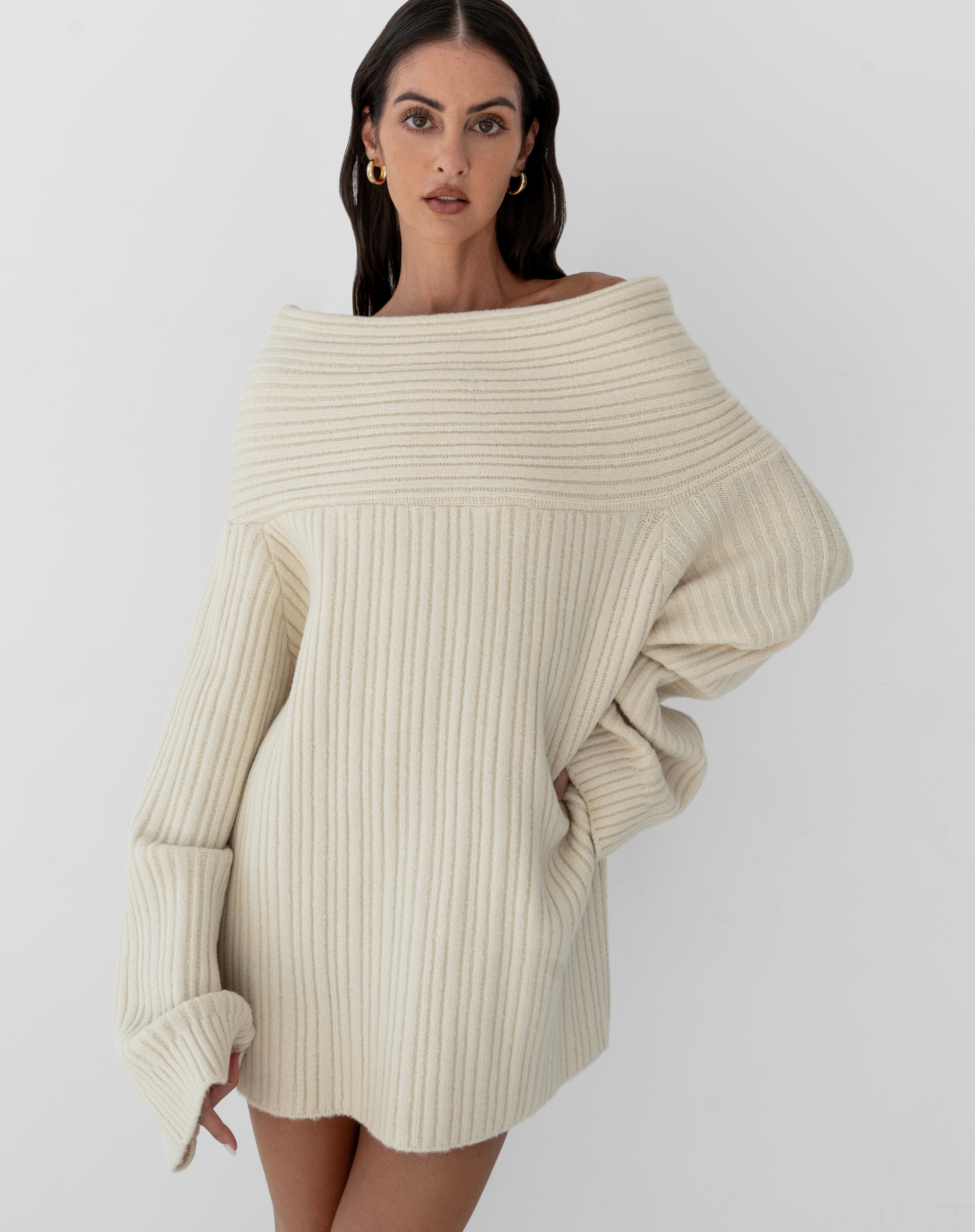 Evander Off Shoulder Sweater Dress, Ivory