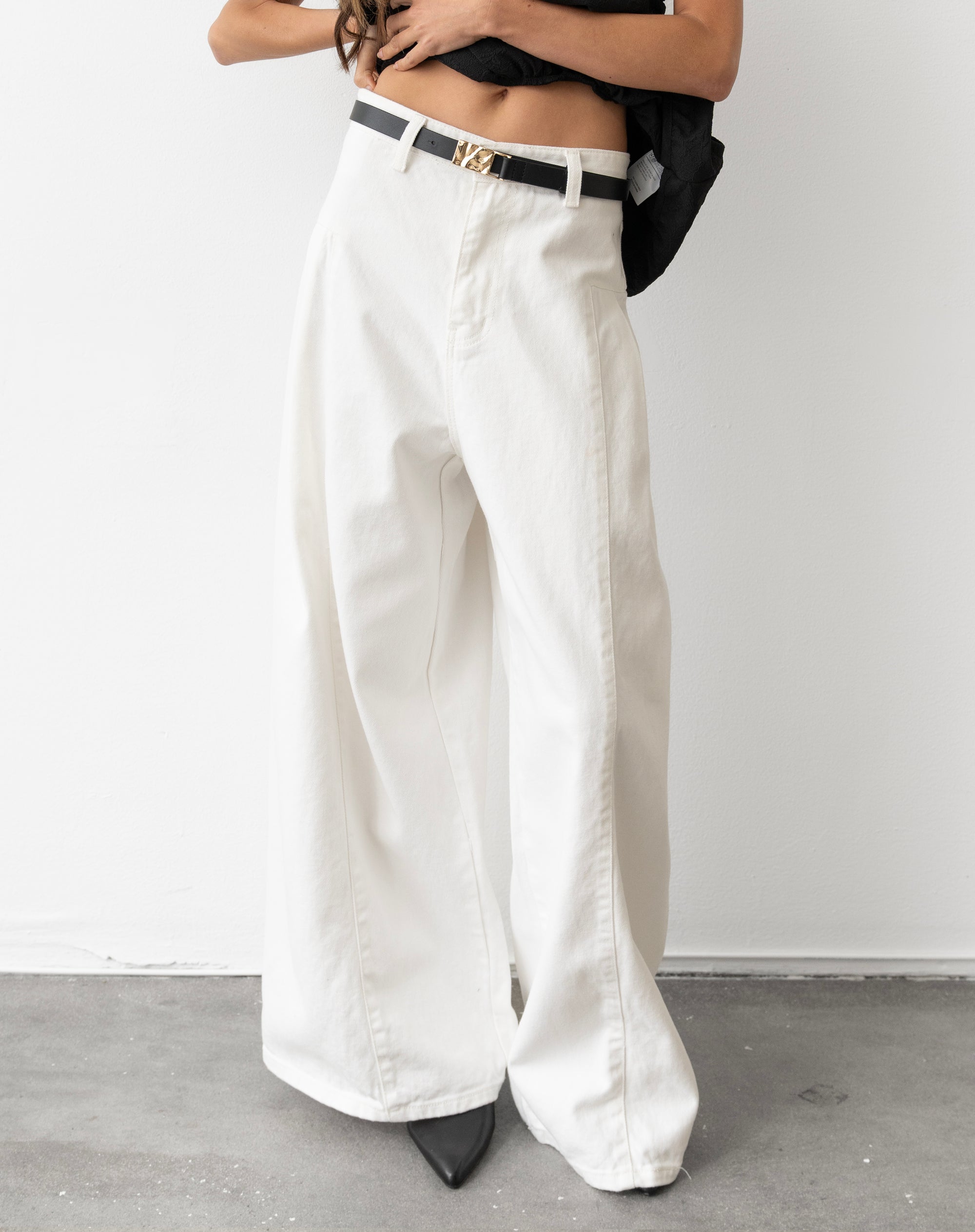 Grace Side Pleats Wide Leg Jeans, White