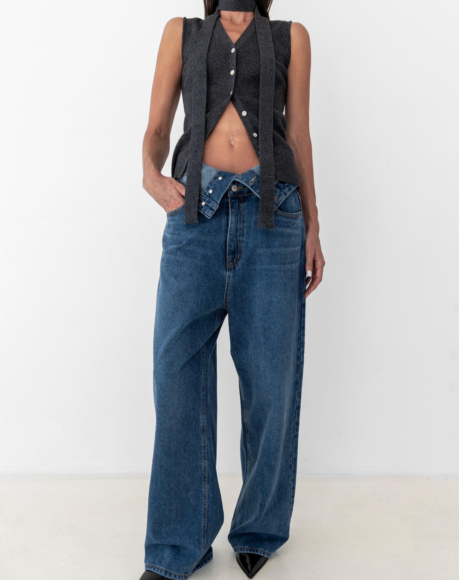Callum Folded Waist Straight Leg Jeans, Mid Wash