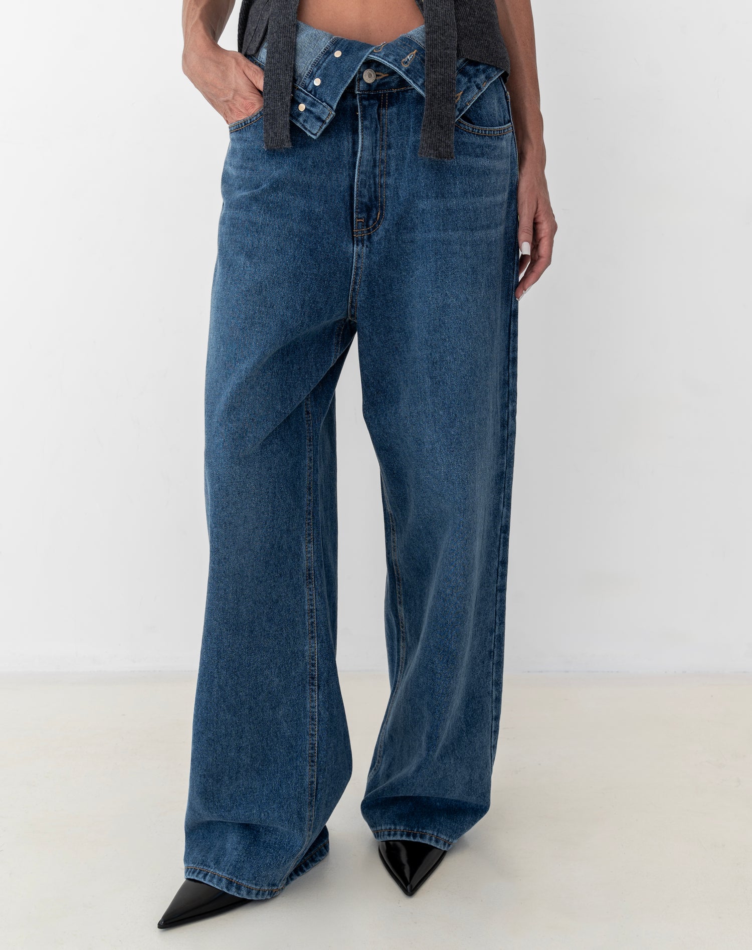 Callum Folded Waist Straight Leg Jeans, Mid Wash