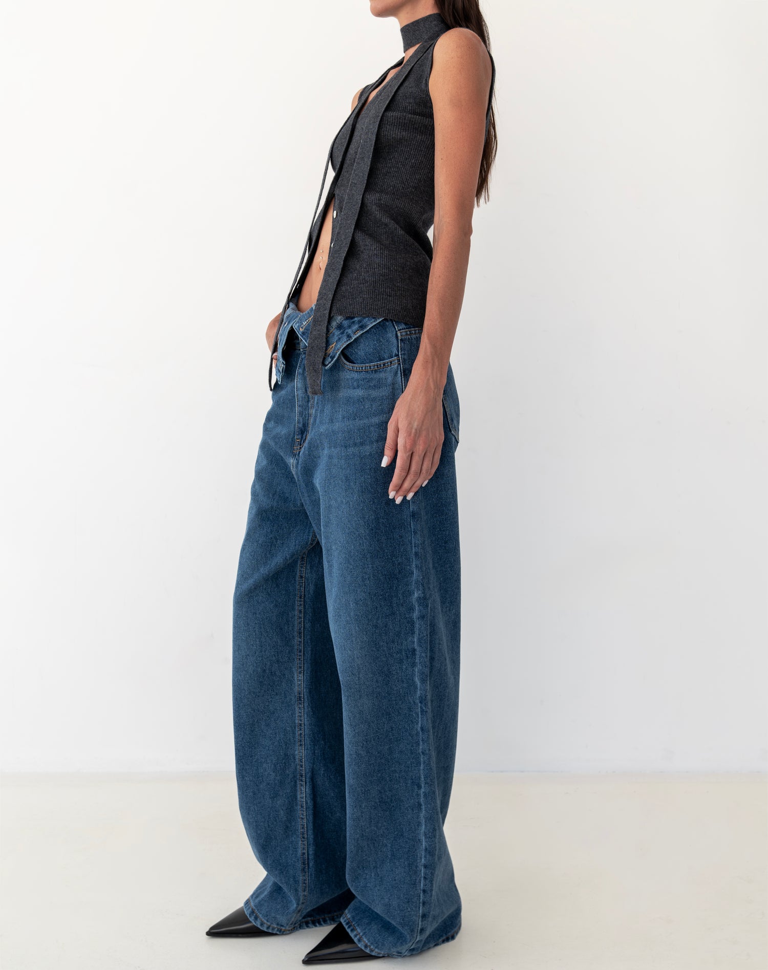 Callum Folded Waist Straight Leg Jeans, Mid Wash