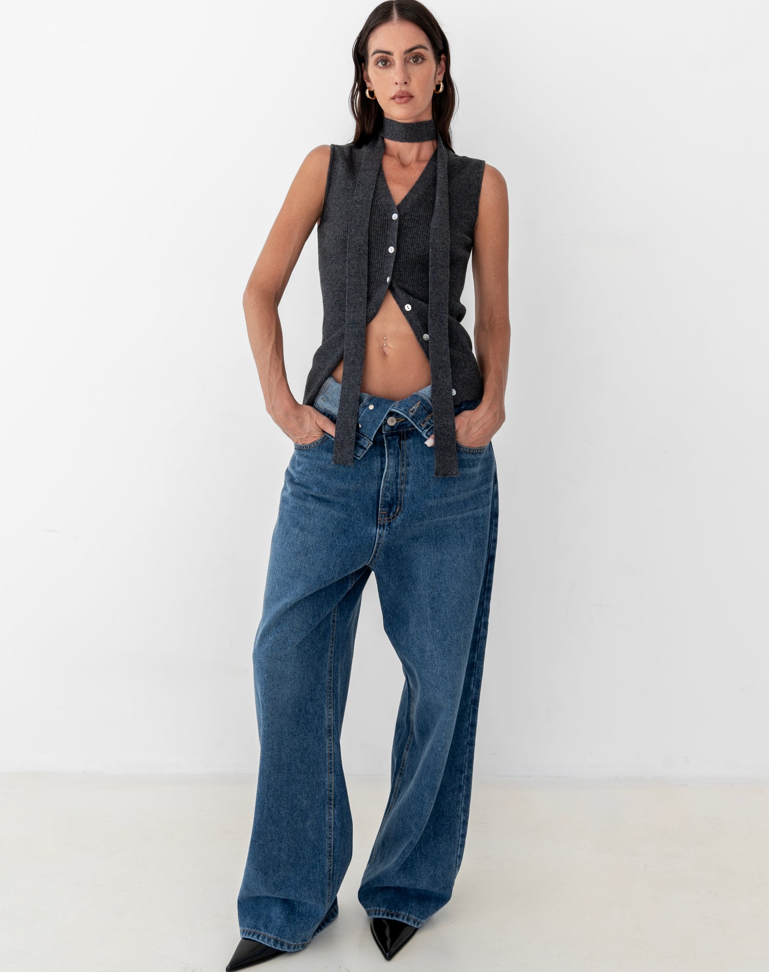 Callum Folded Waist Straight Leg Jeans, Mid Wash