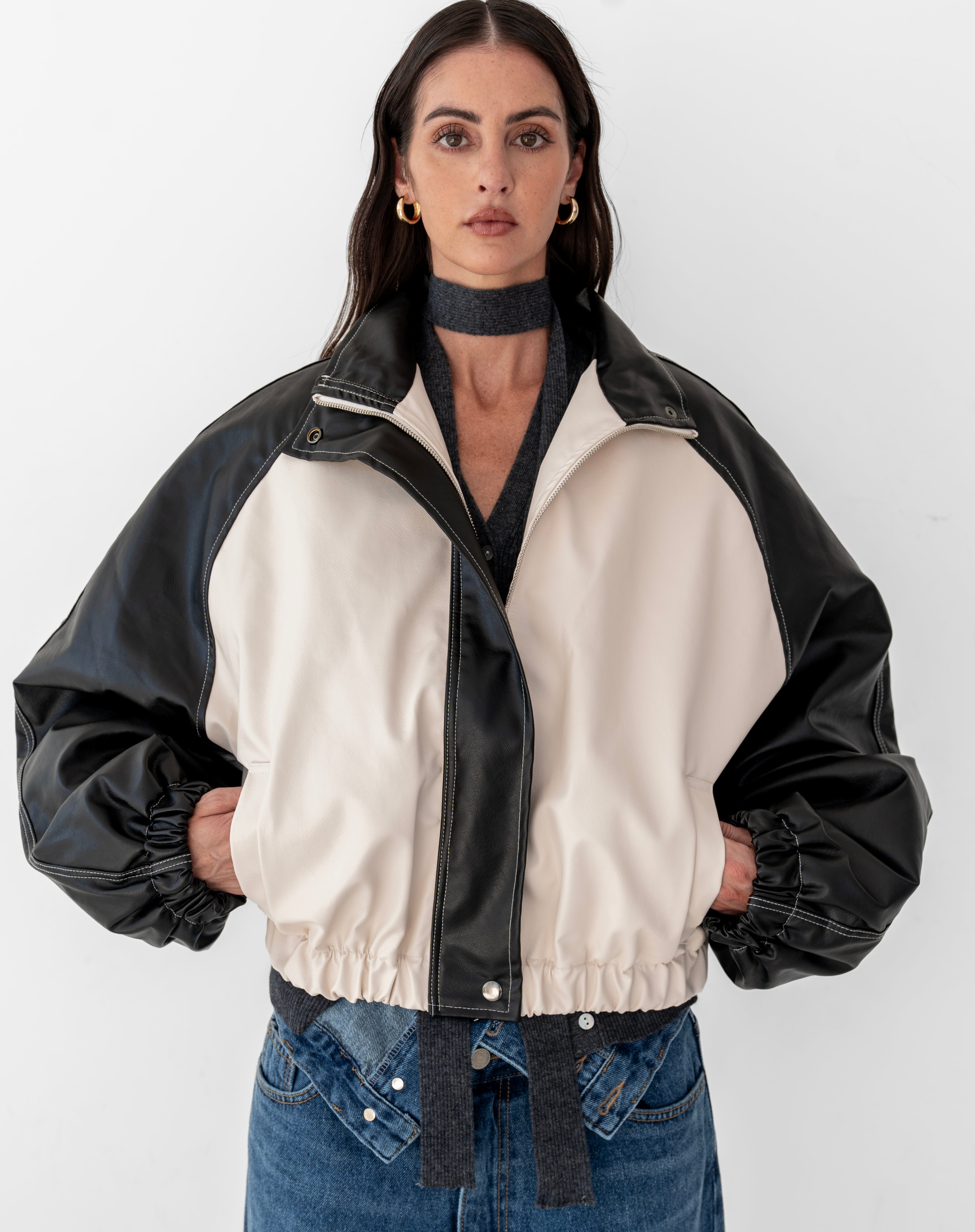 Amelie Vegan Leather Stitch Bomber Jacket, Black