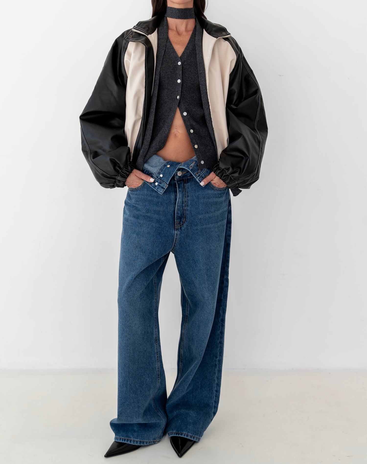 Callum Folded Waist Straight Leg Jeans, Mid Wash
